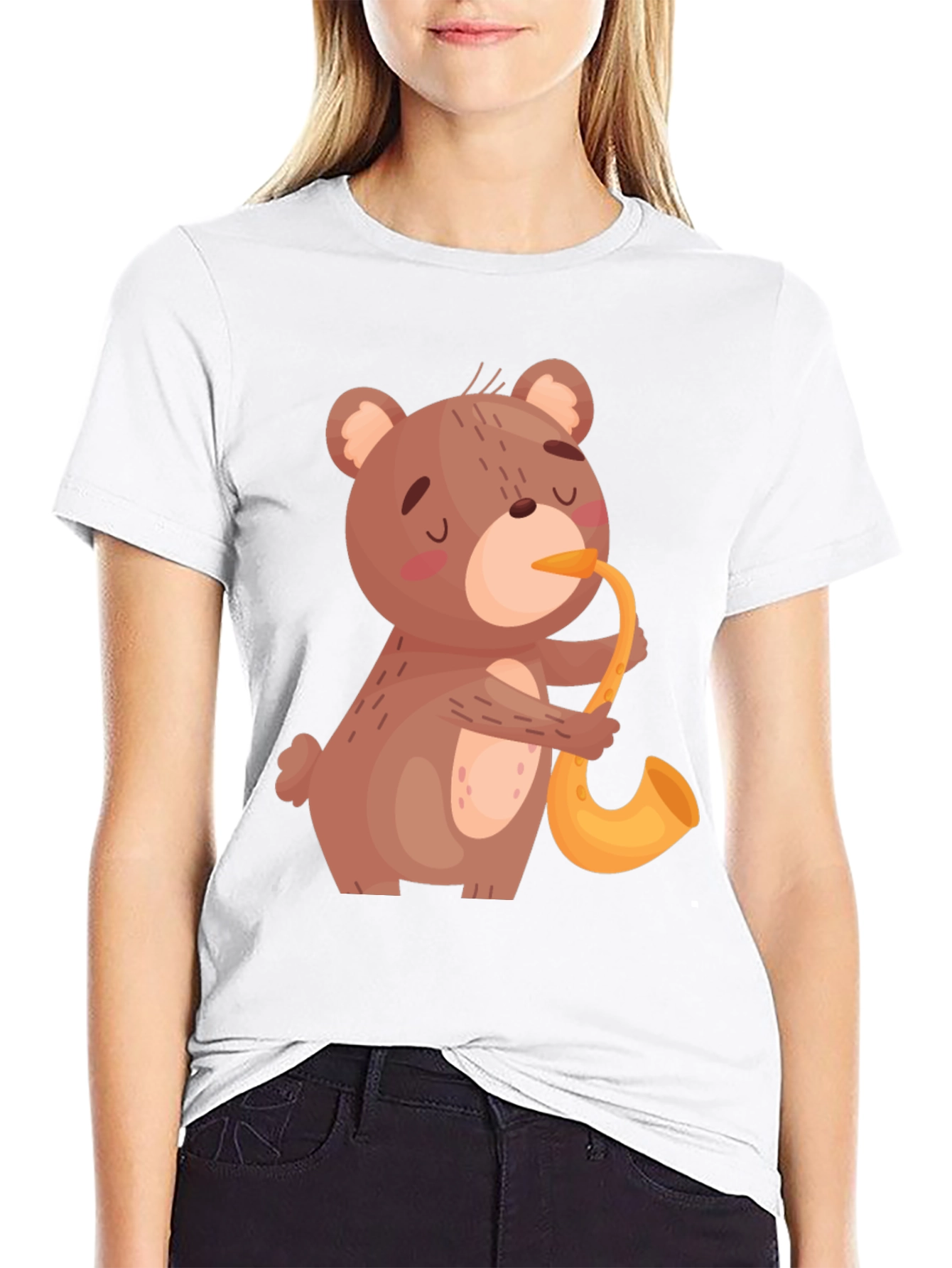 Bear Saxophone Graphic Tee - Cool Black T-Shirt