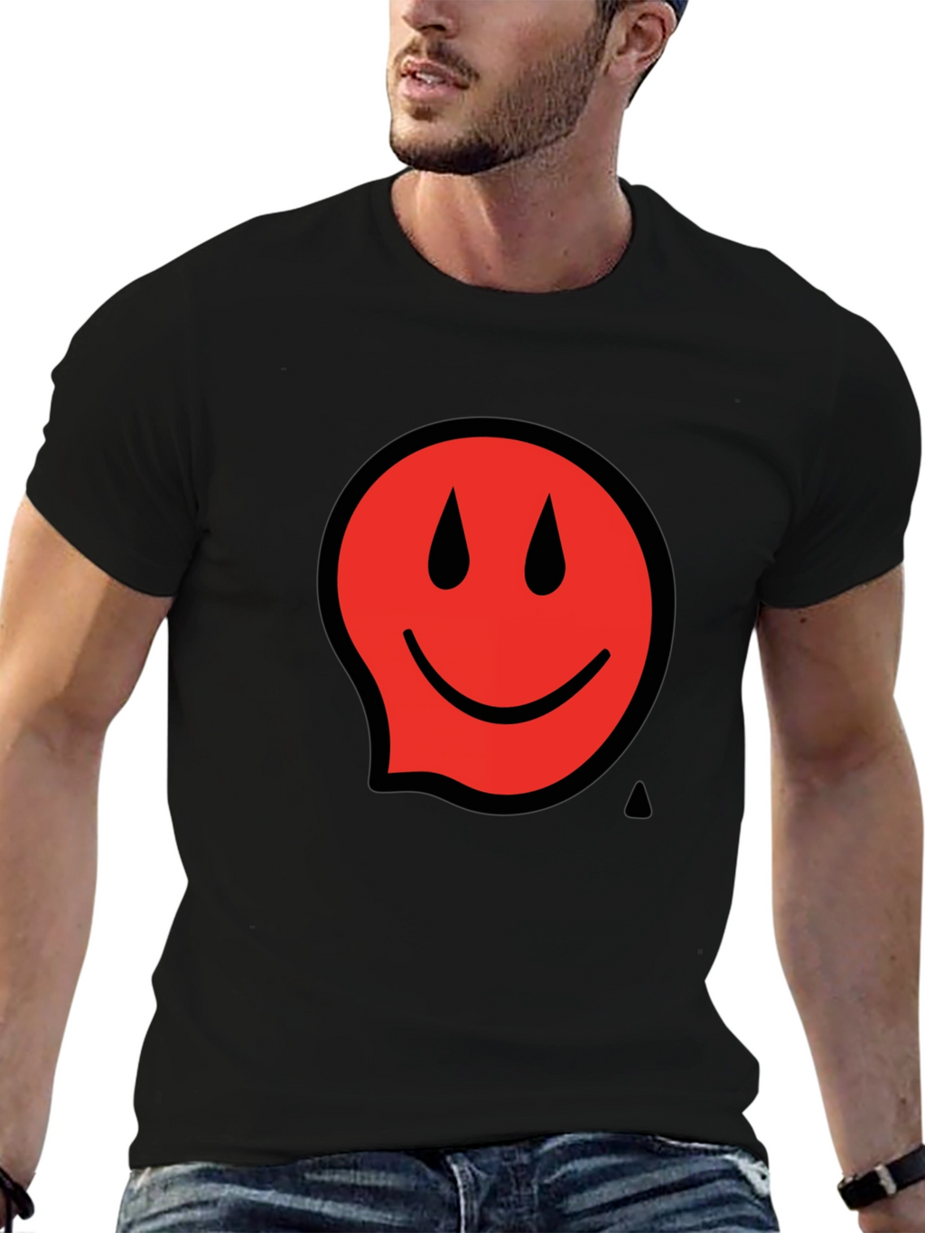 Red Smiley Face Black T-Shirt