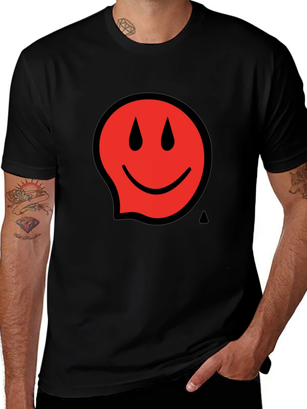 Red Smiley Face Black T-Shirt