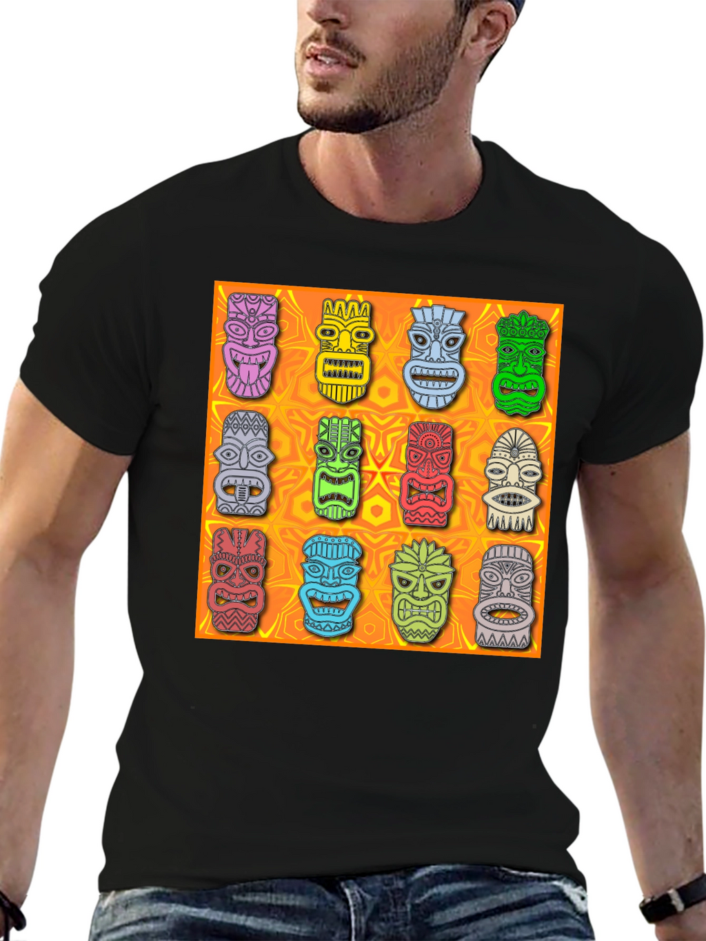 Tiki Masks Graphic Print Black T-Shirt
