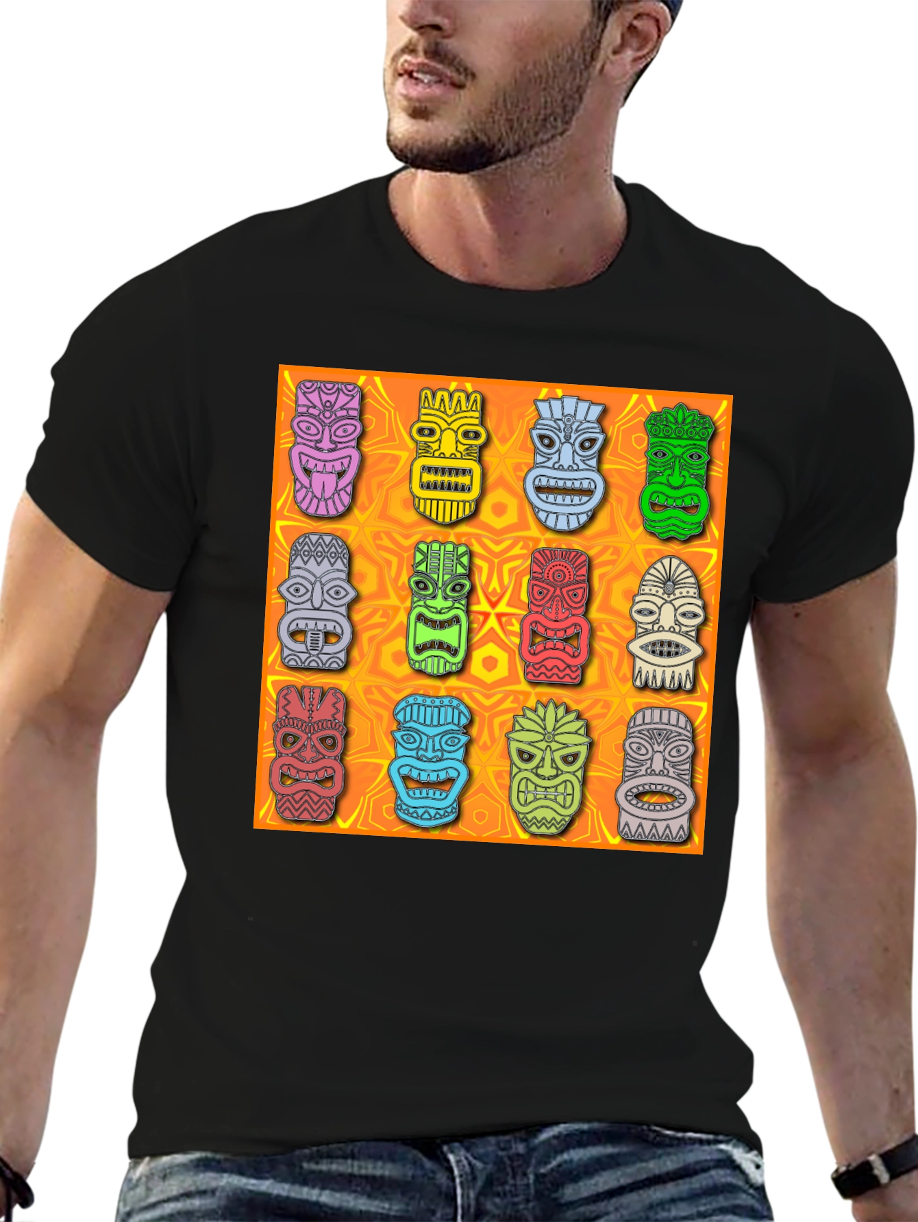 Tiki Masks Graphic Print Black T-Shirt