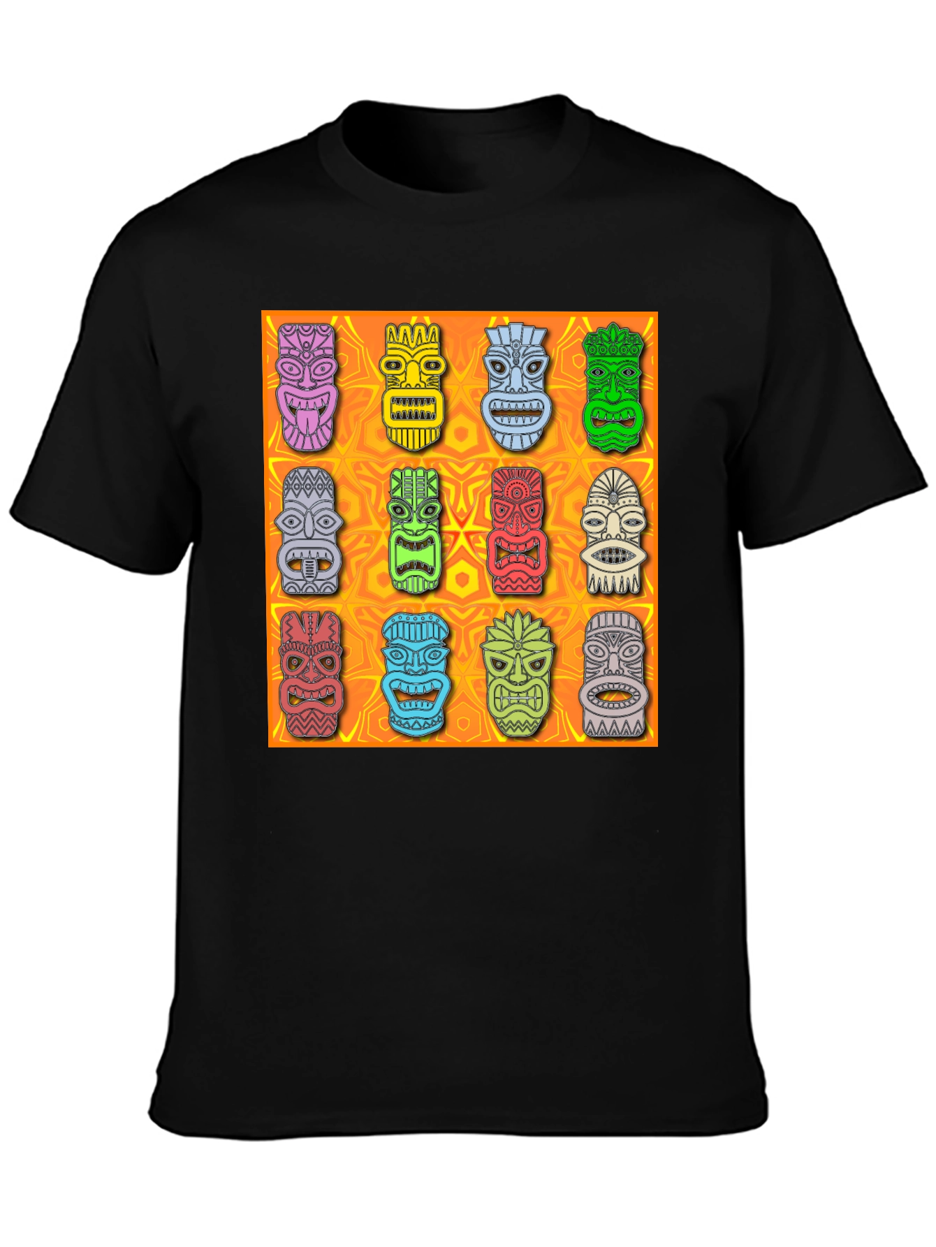 Tiki Masks Graphic Print Black T-Shirt