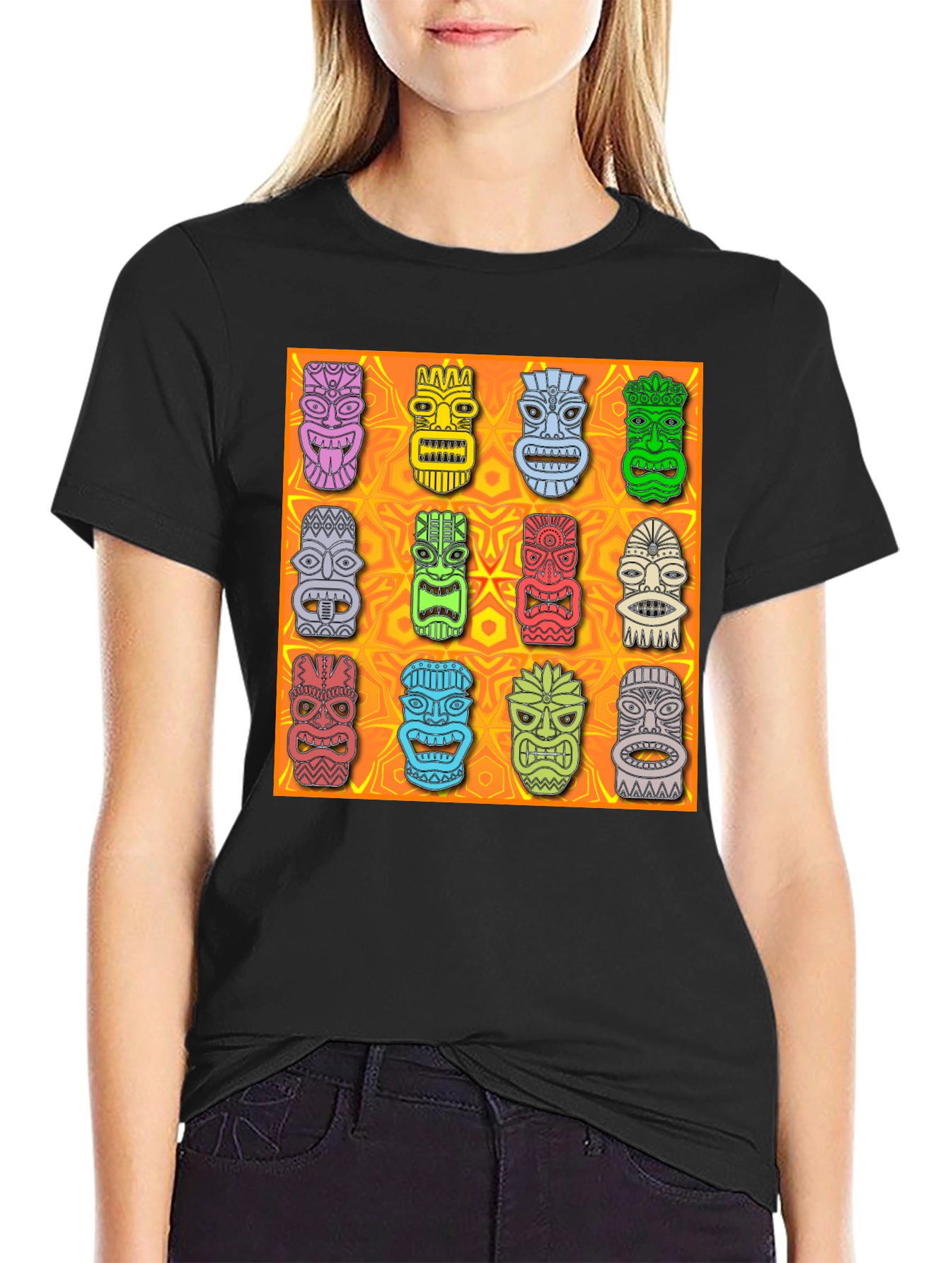 Tiki Masks Graphic Print Black T-Shirt