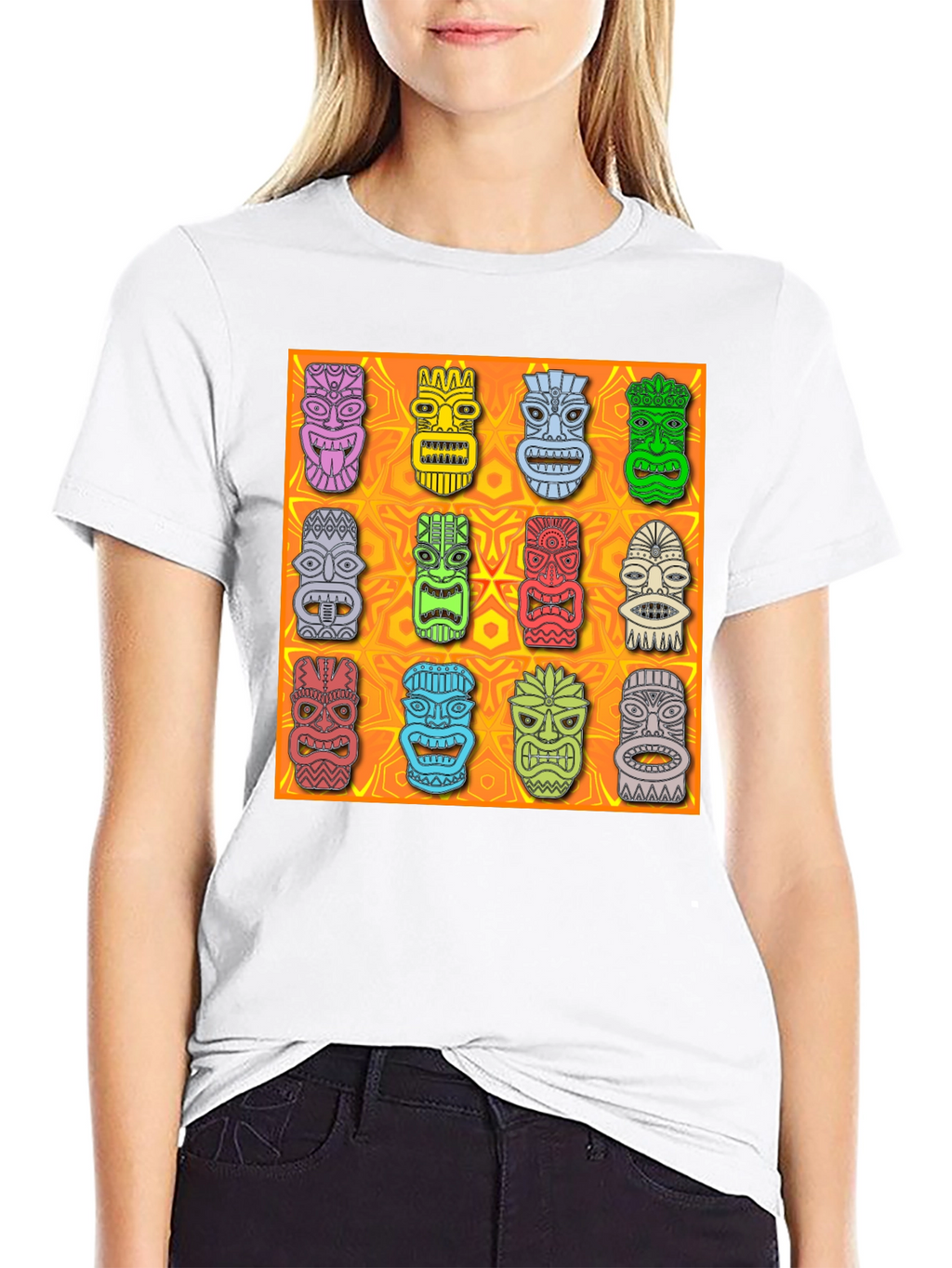 Tiki Masks Graphic Print Black T-Shirt