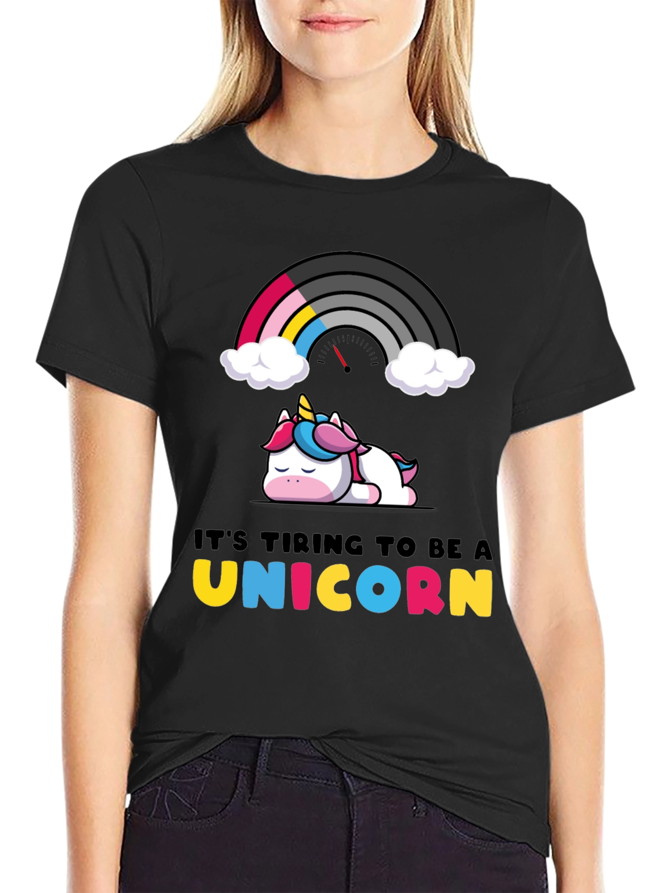 Tiring Unicorn Graphic Tee - Unique Rainbow Design