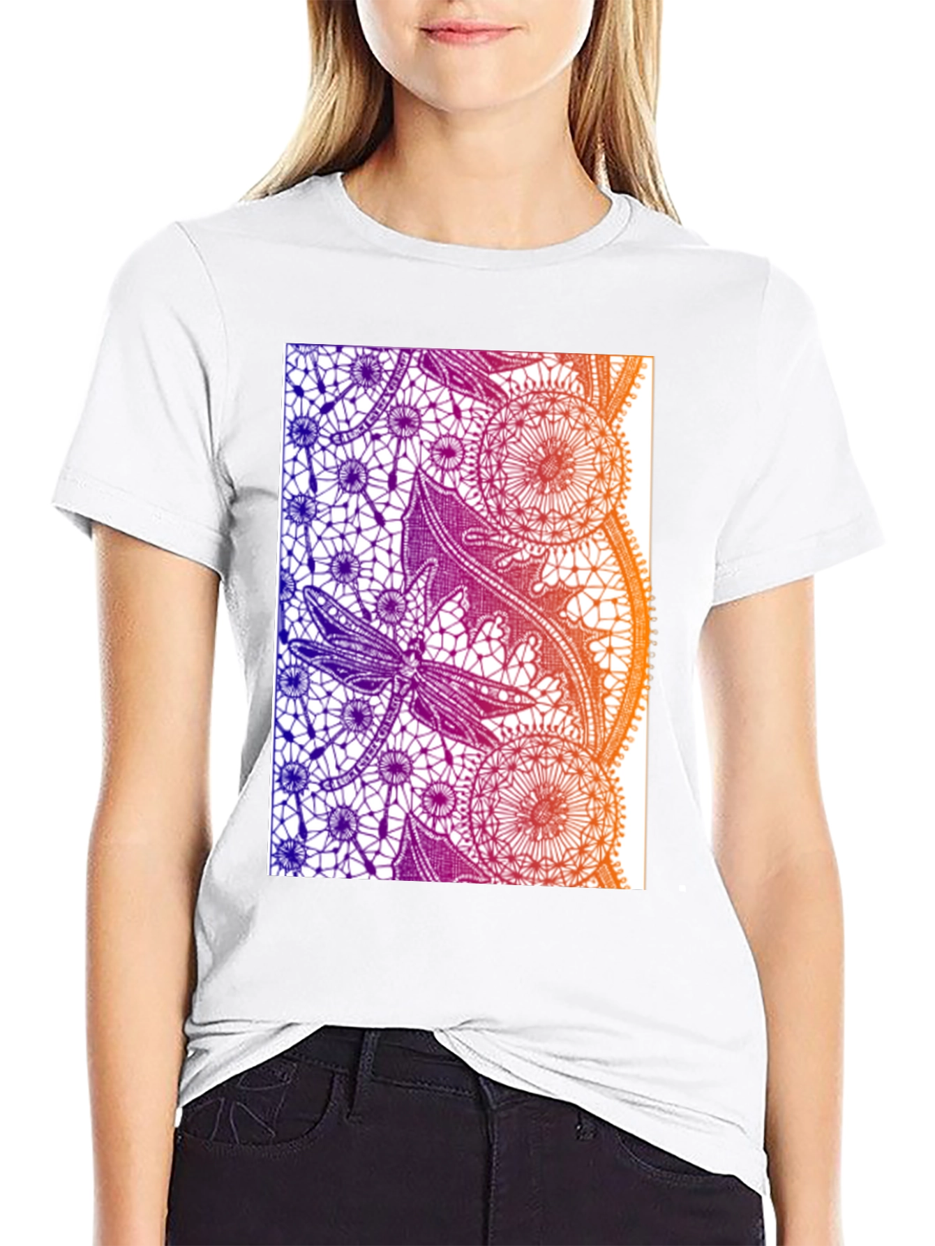 Lace Dragonfly Graphic Tee - Black Cotton Casual T-Shirt