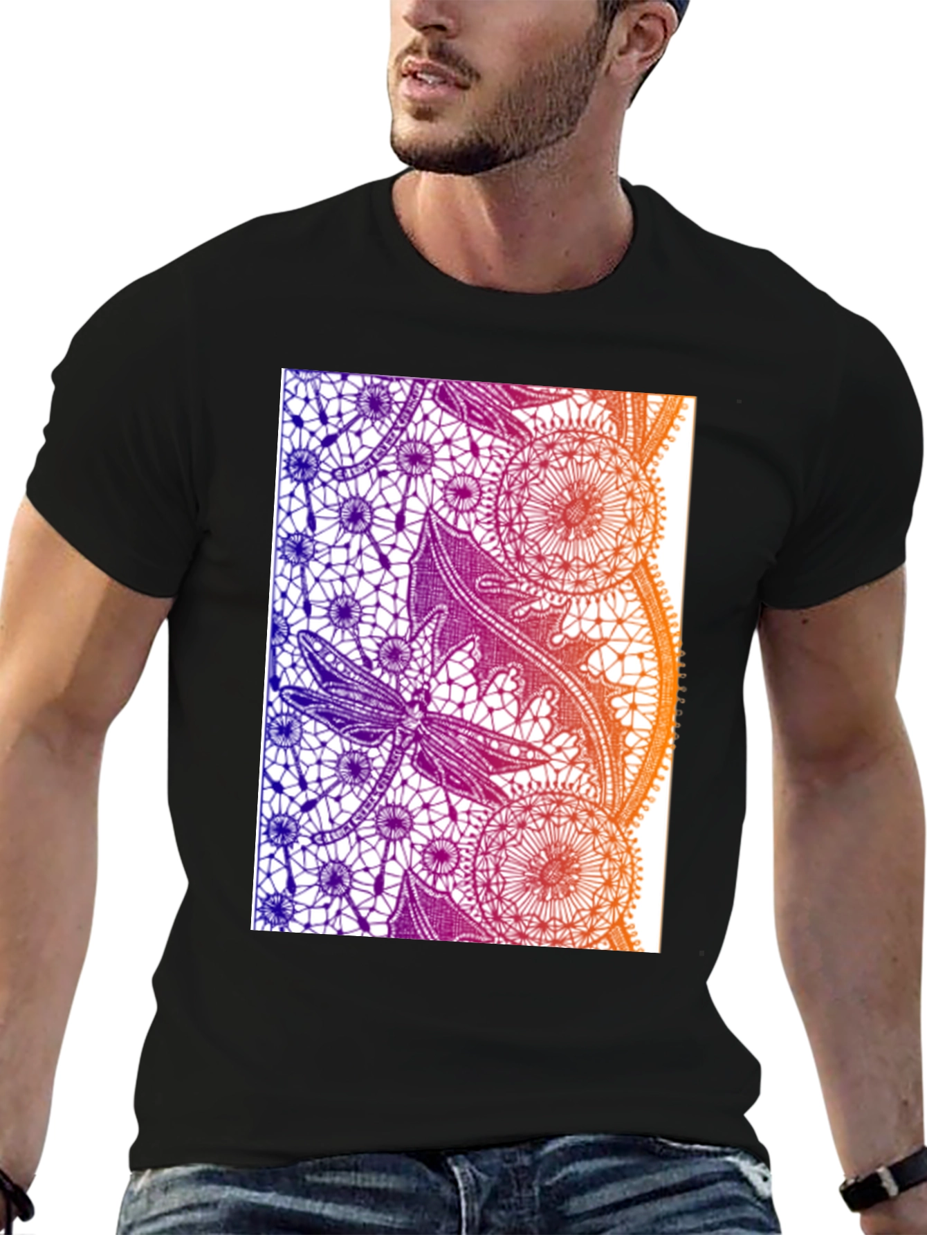 Lace Dragonfly Graphic Tee - Black Cotton Casual T-Shirt