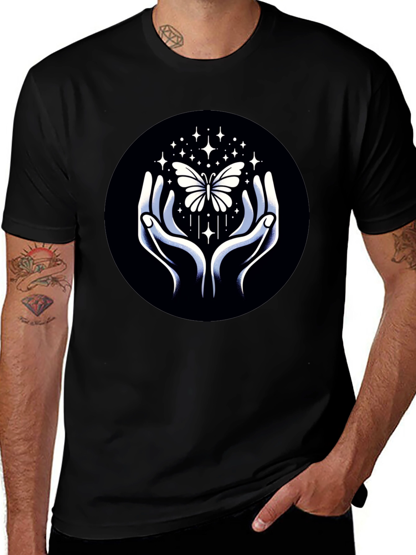 Butterfly Hands Graphic Tee - Stylish Black T-Shirt