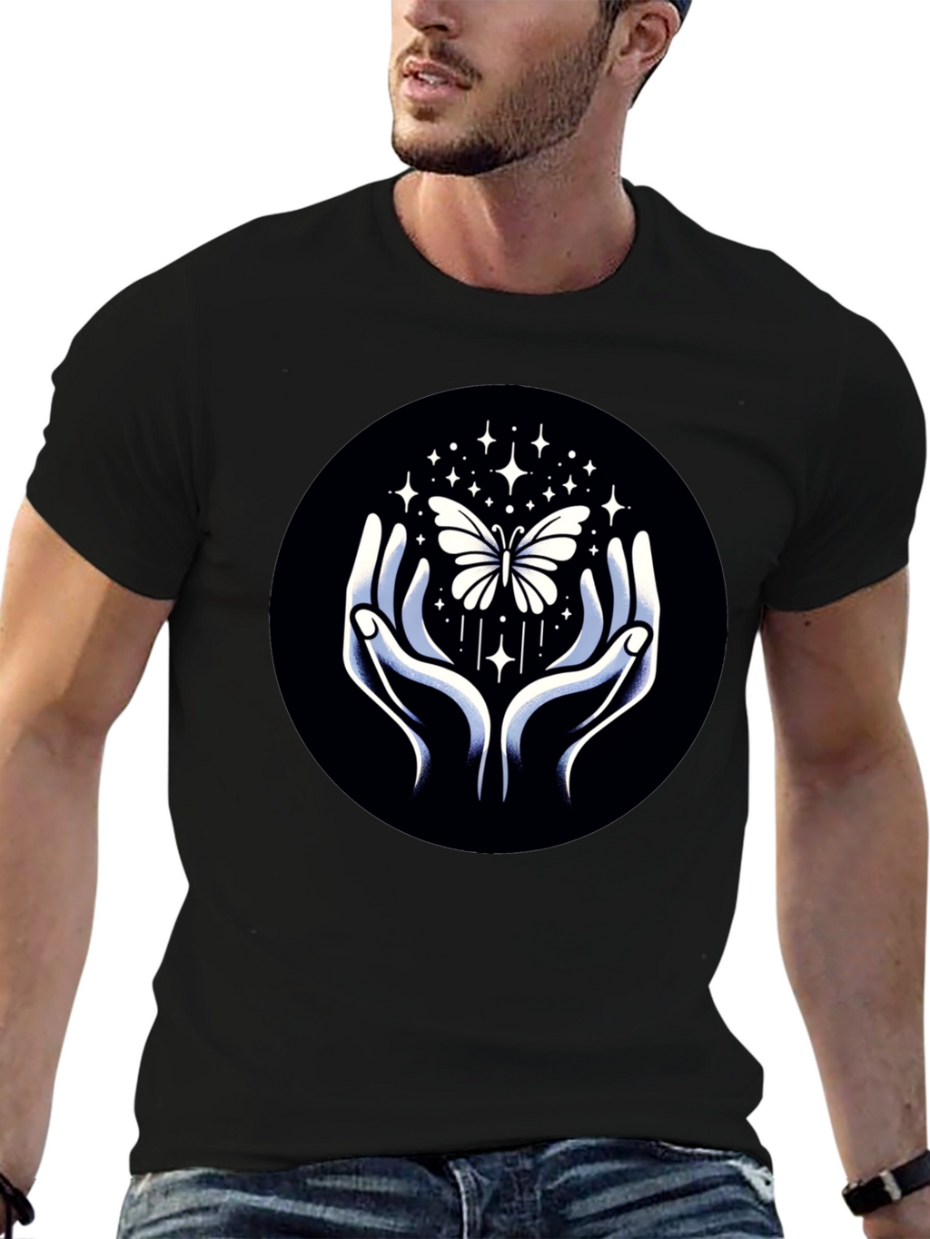 Butterfly Hands Graphic Tee - Stylish Black T-Shirt