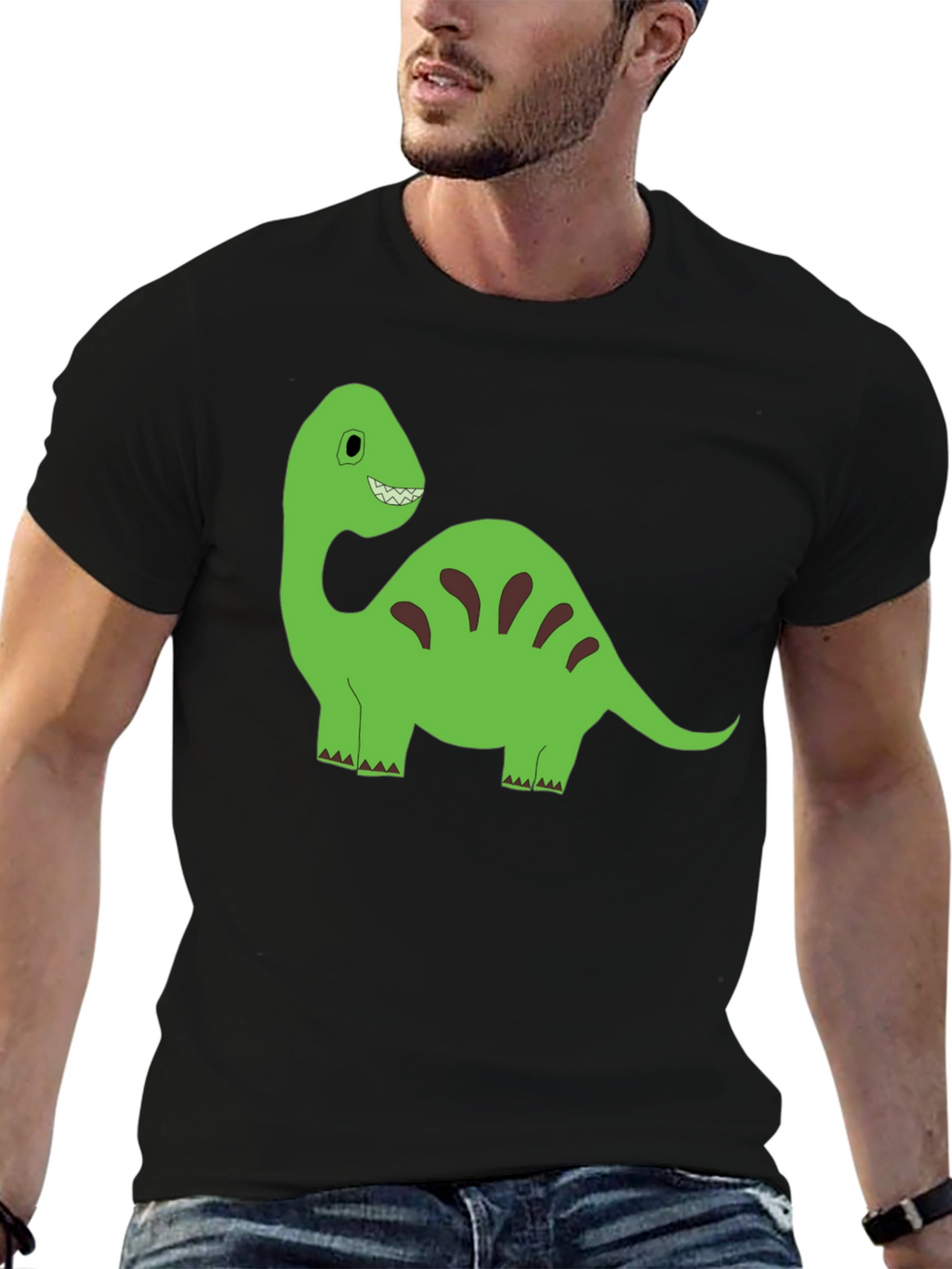 Cartoon Dinosaur Graphic Tee - Black Cotton T-Shirt