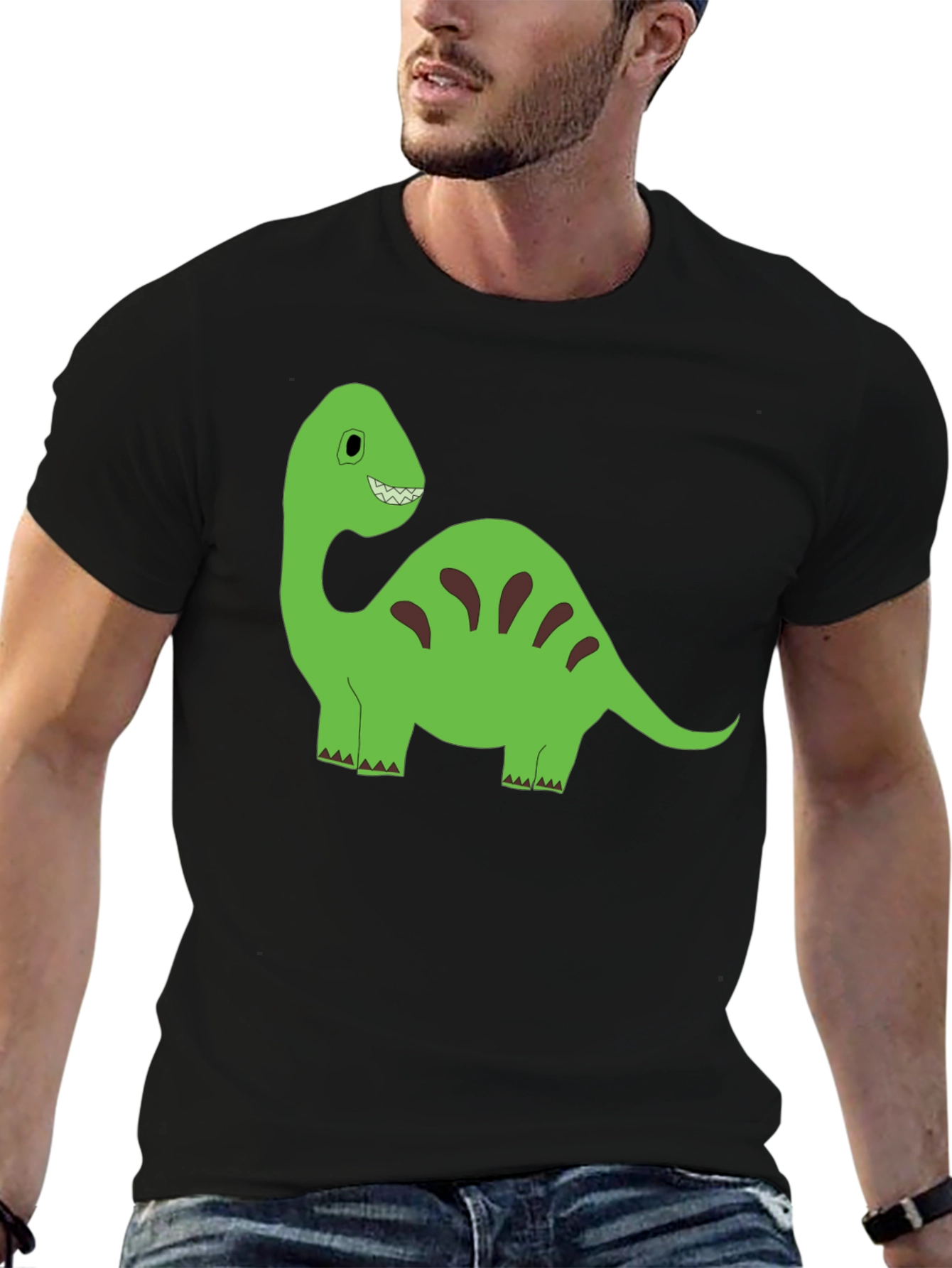 Cartoon Dinosaur Graphic Tee - Black Cotton T-Shirt