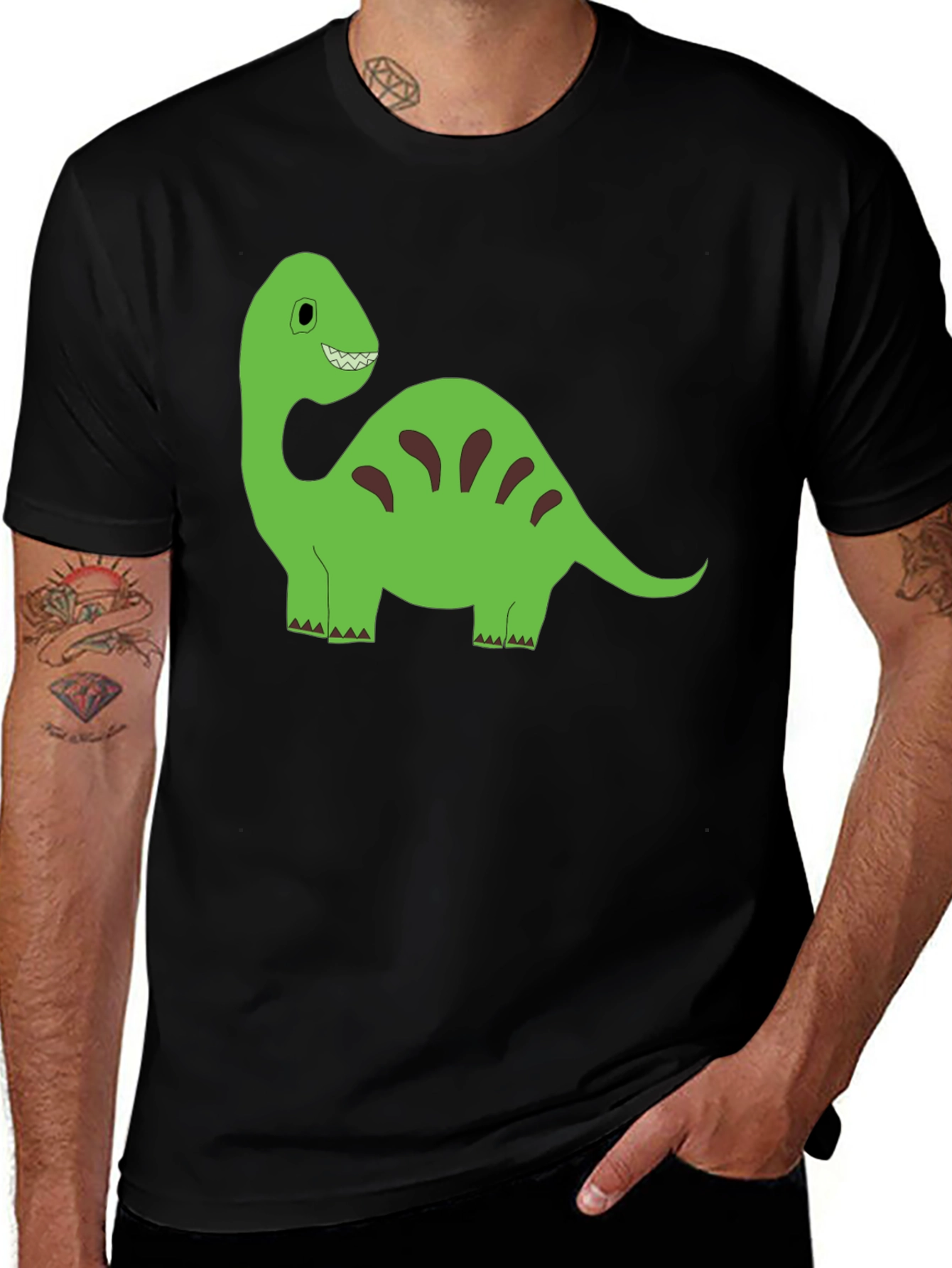 Cartoon Dinosaur Graphic Tee - Black Cotton T-Shirt