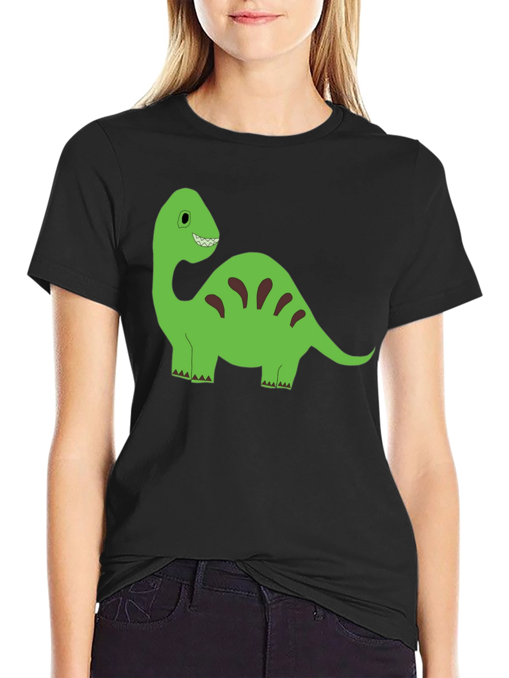 Cartoon Dinosaur Graphic Tee - Black Cotton T-Shirt