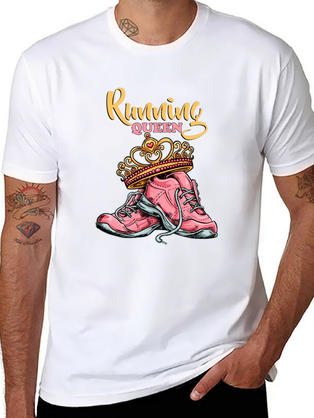 Running Queen T-Shirt - Pink Sneakers and Crown Design