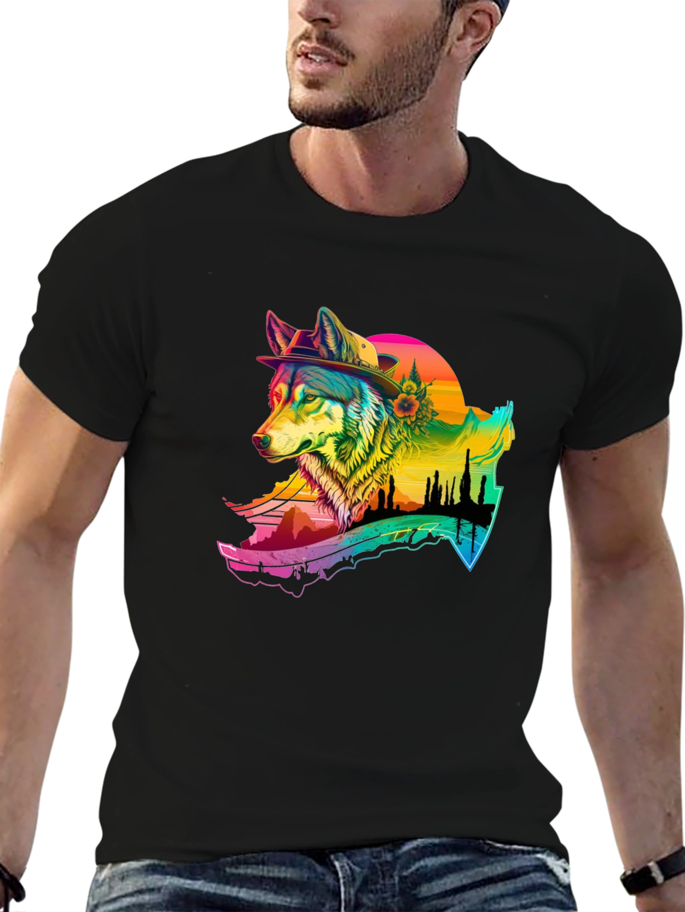 Rainbow Wolf Graphic T-Shirt - Stylish Menswear