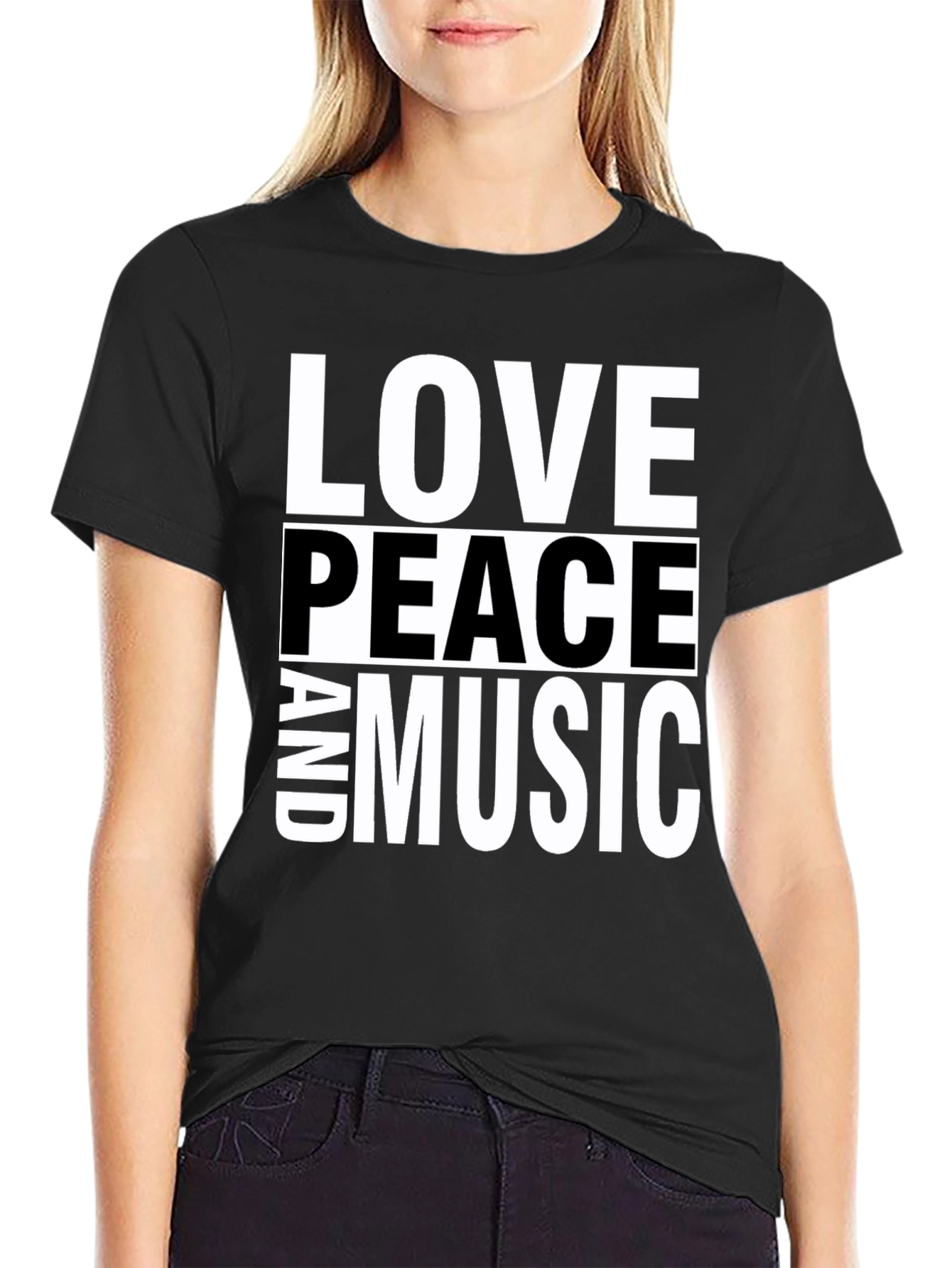 Love Peace and Music Black Graphic T-Shirt