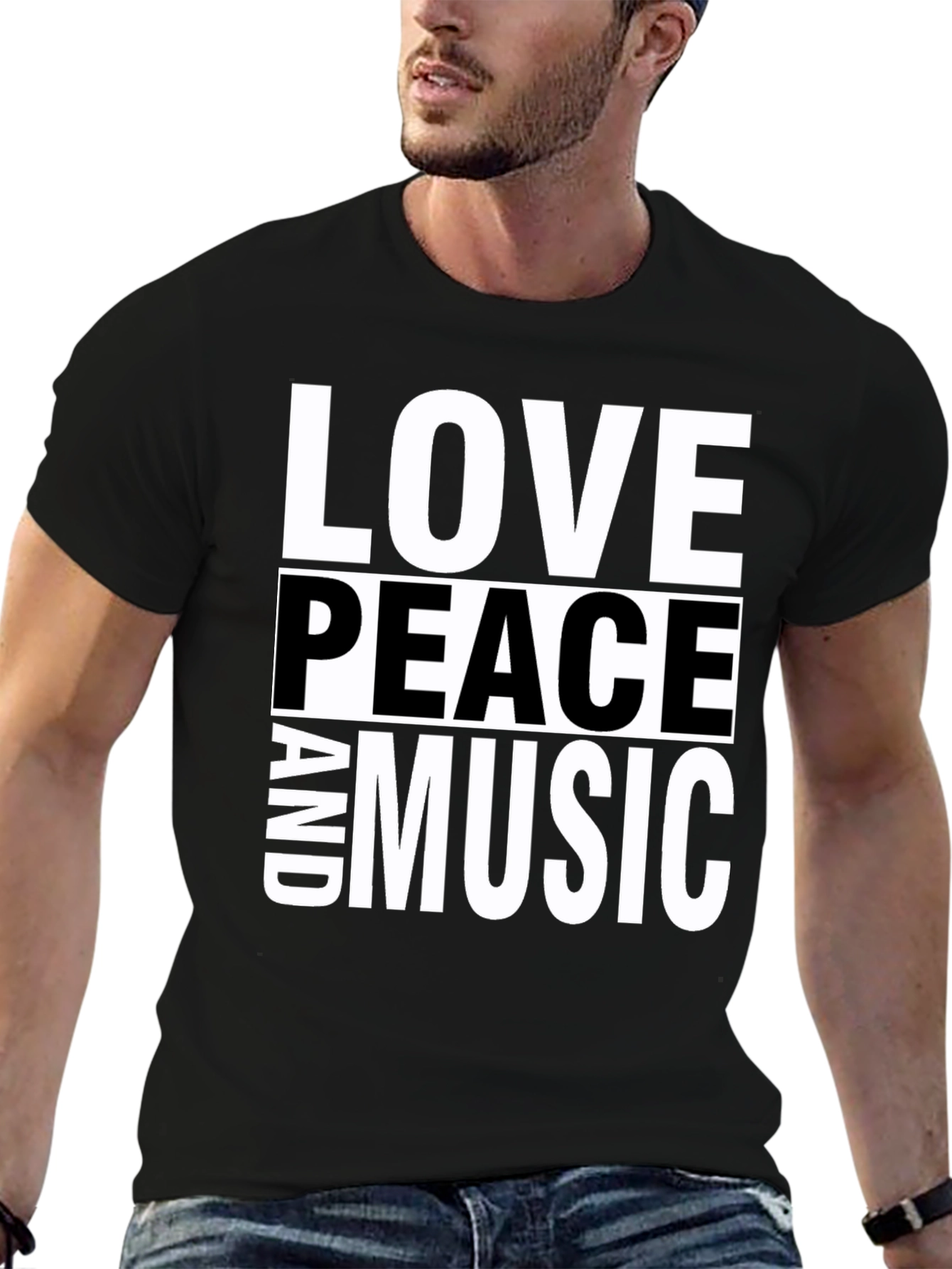 Love Peace and Music Black Graphic T-Shirt