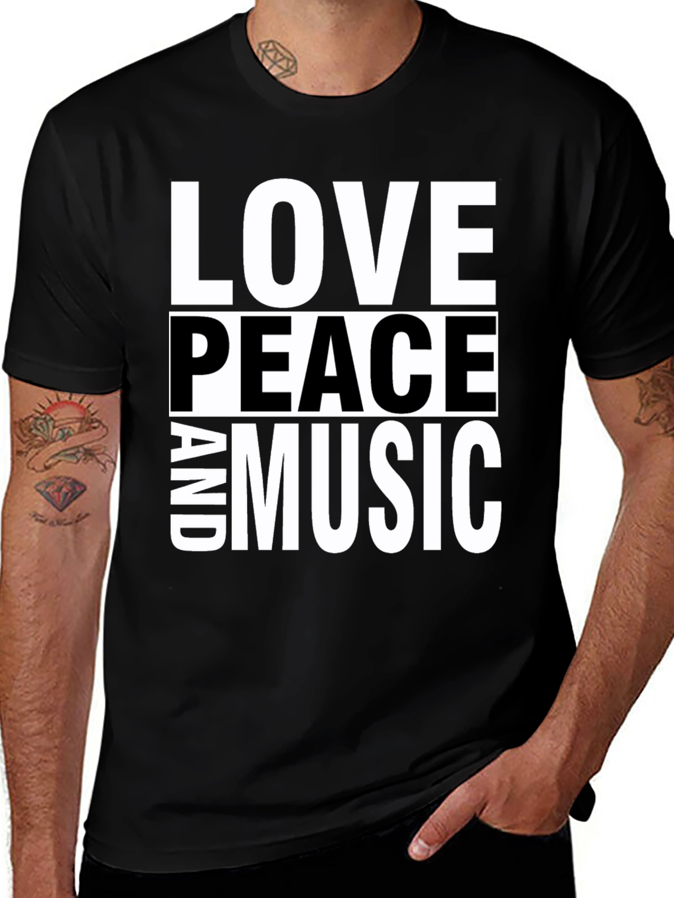 Love Peace and Music Black Graphic T-Shirt