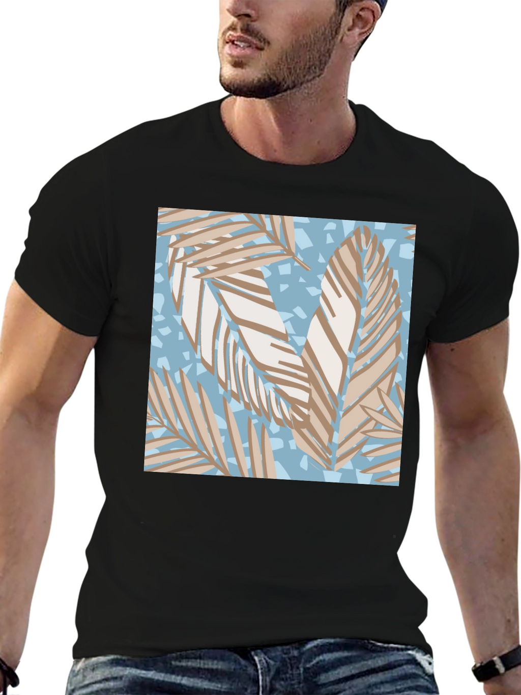 Tropical Leaf Print Black T-Shirt