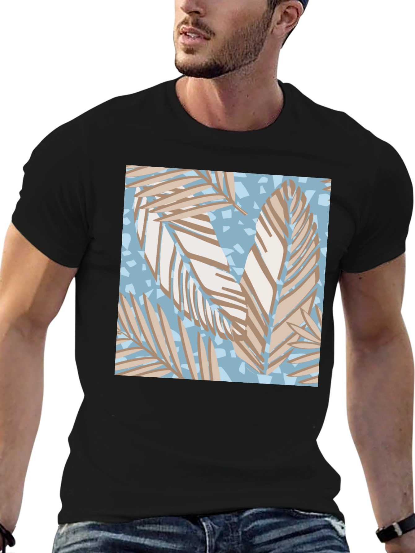 Tropical Leaf Print Black T-Shirt