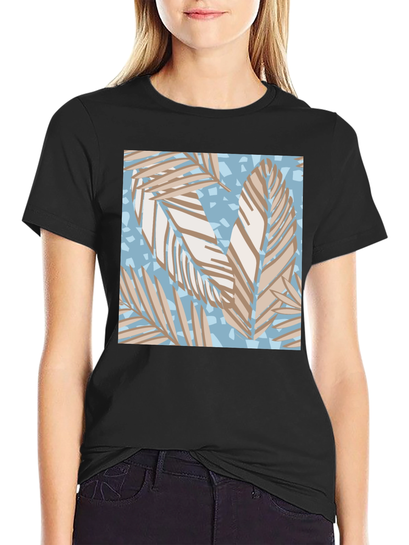 Tropical Leaf Print Black T-Shirt