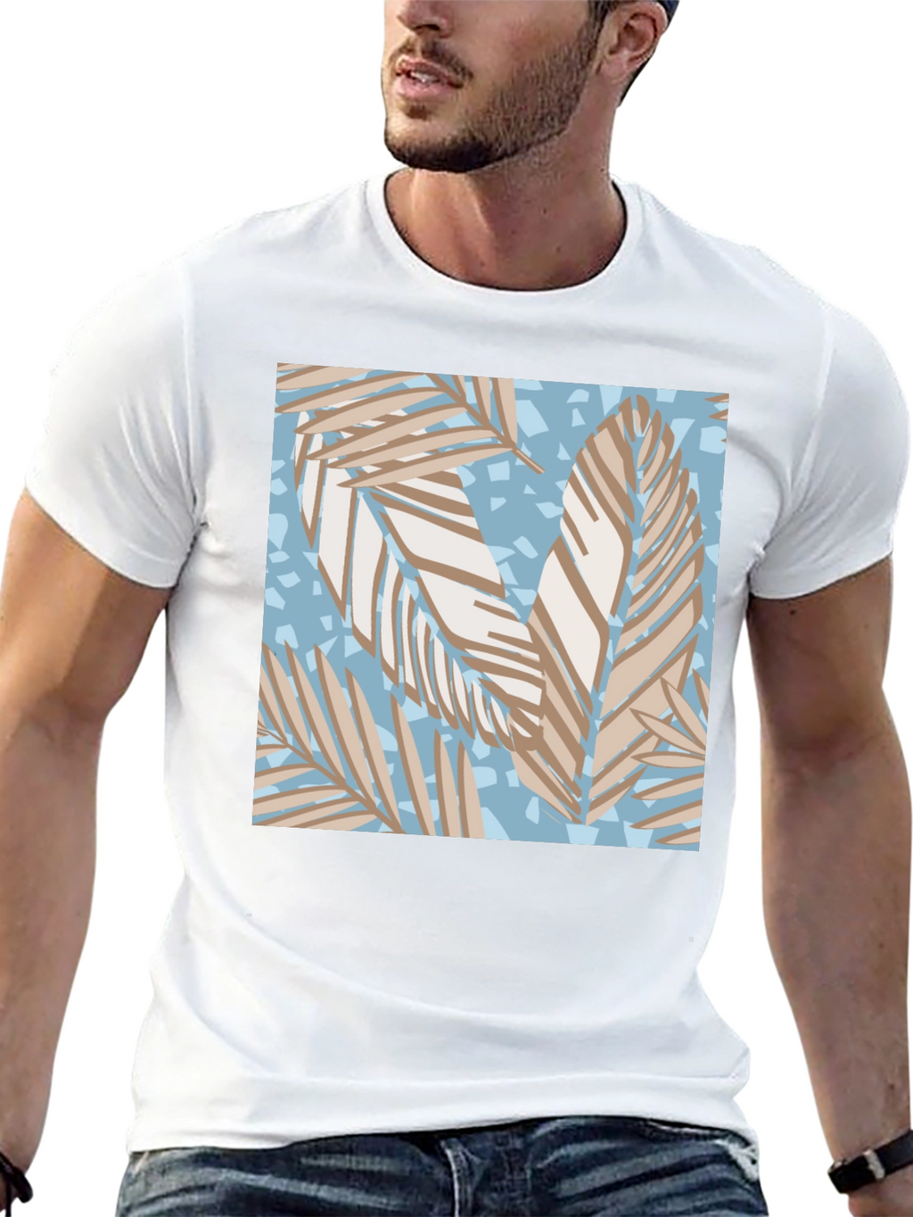 Tropical Leaf Print Black T-Shirt