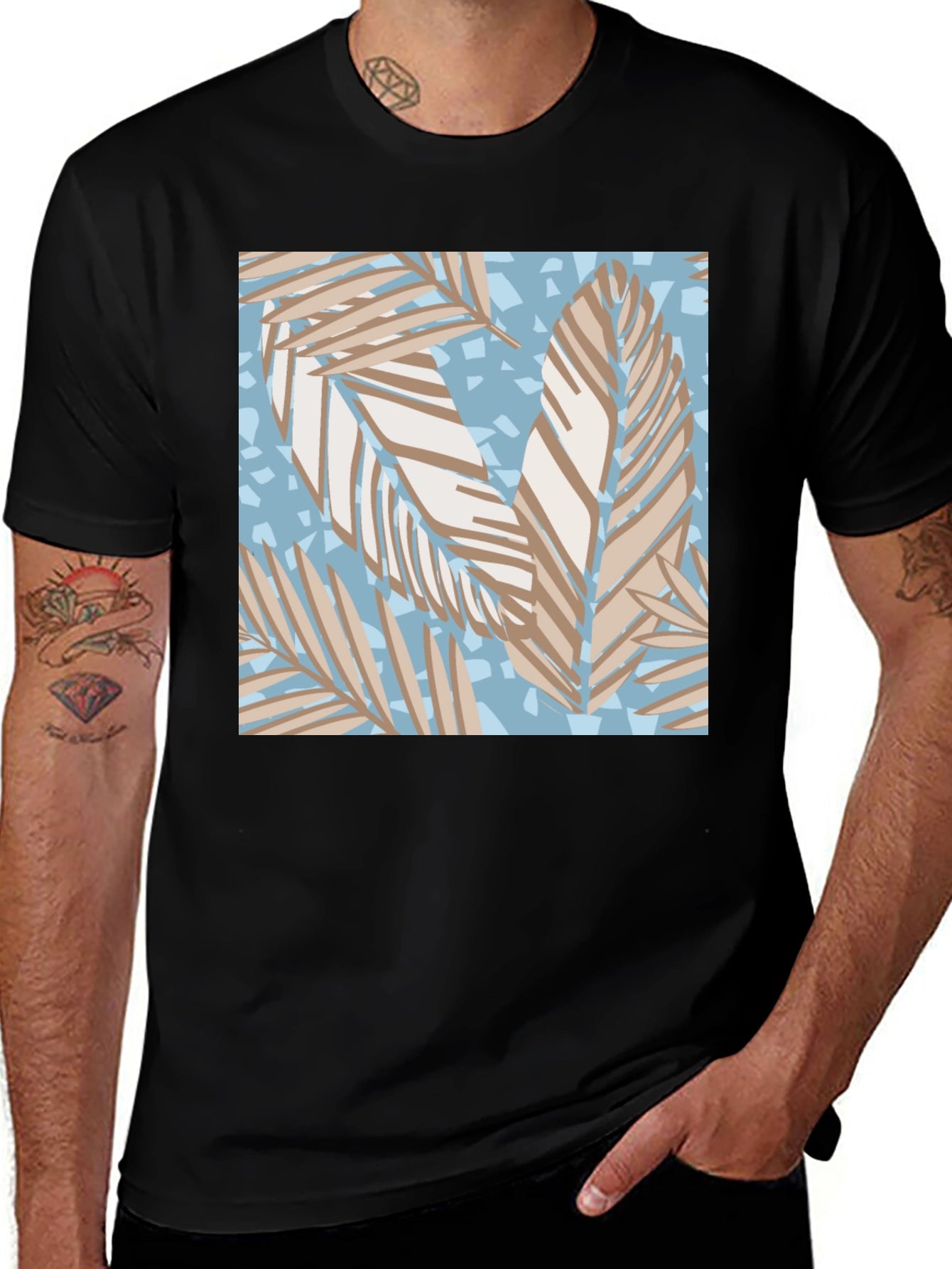 Tropical Leaf Print Black T-Shirt