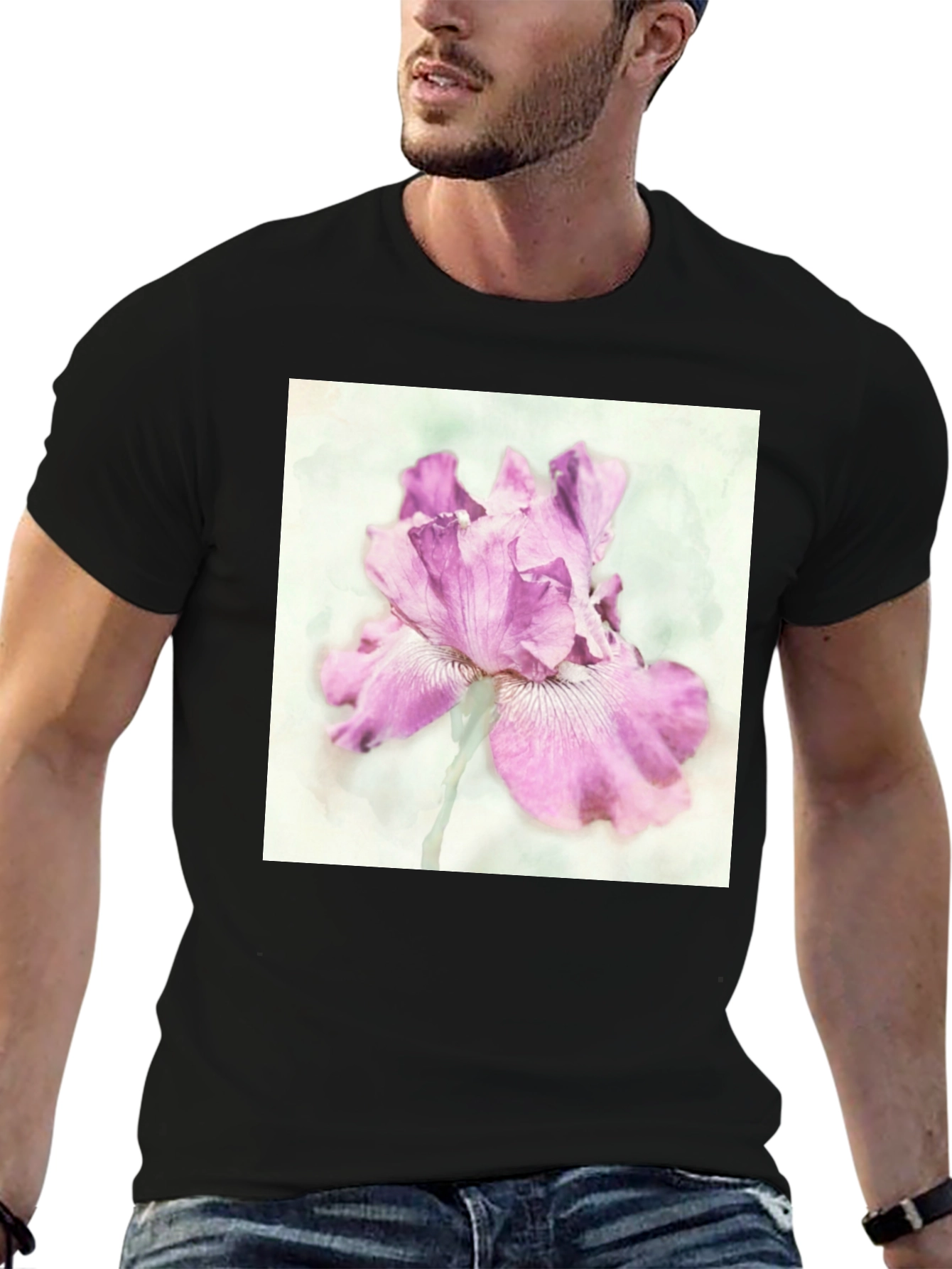 Floral Iris Graphic Tee - Black Cotton Casual Shirt
