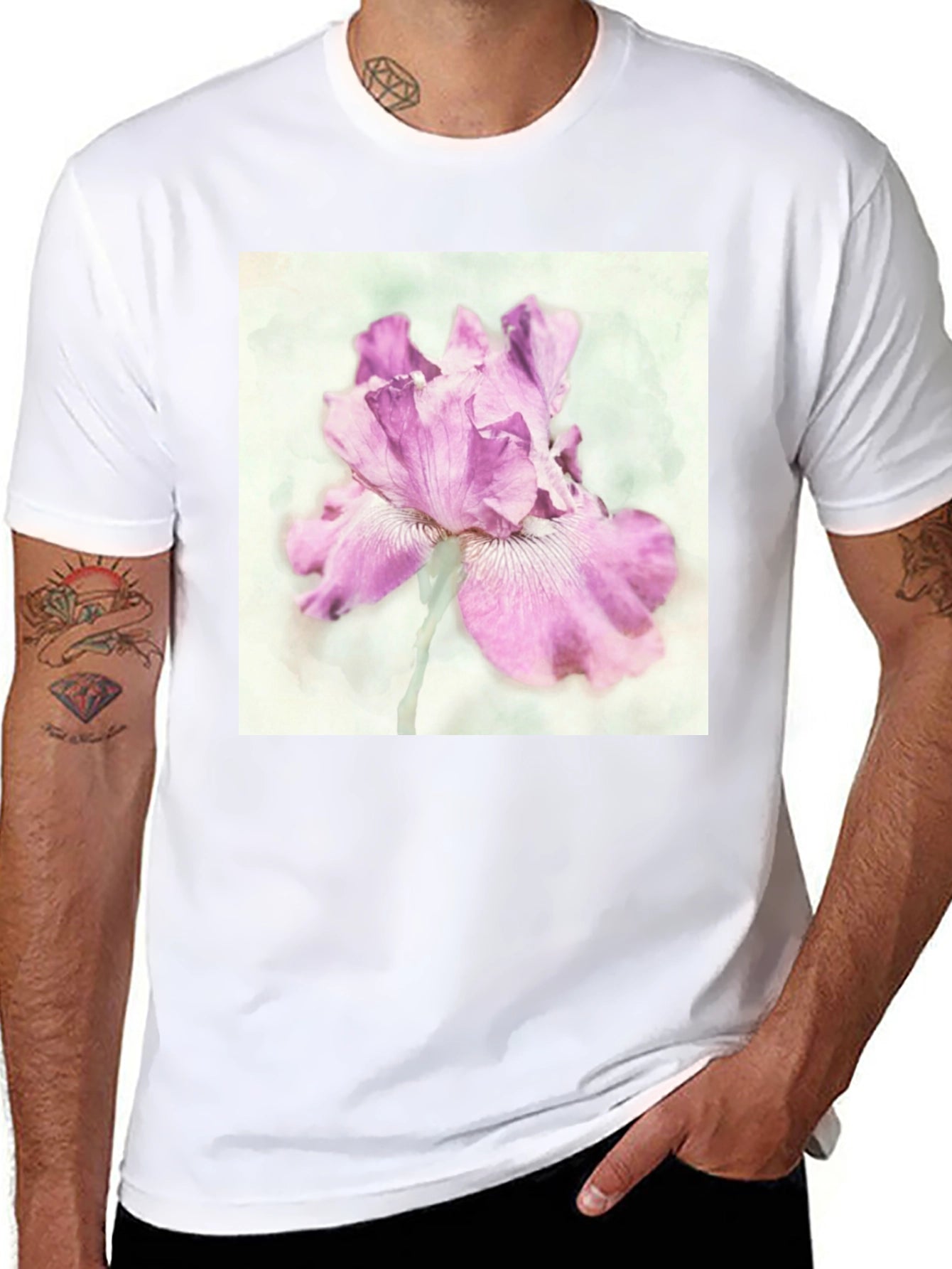 Floral Iris Graphic Tee - Black Cotton Casual Shirt