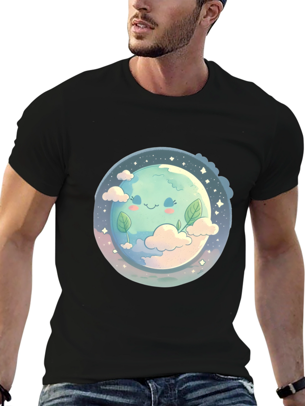 Cute Earth Graphic Black T-Shirt