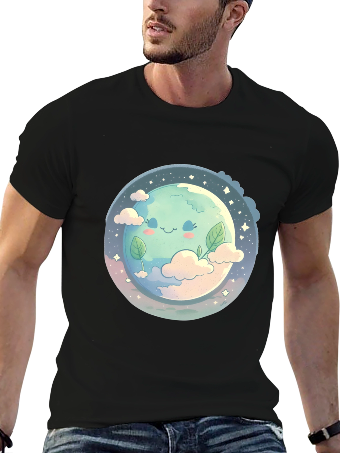 Cute Earth Graphic Black T-Shirt