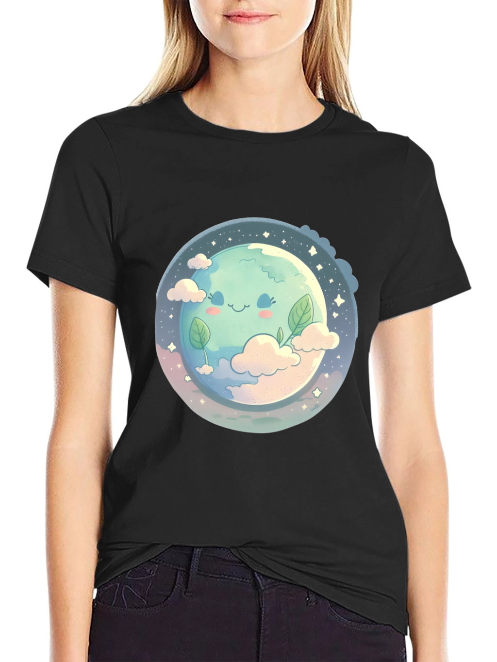 Cute Earth Graphic Black T-Shirt