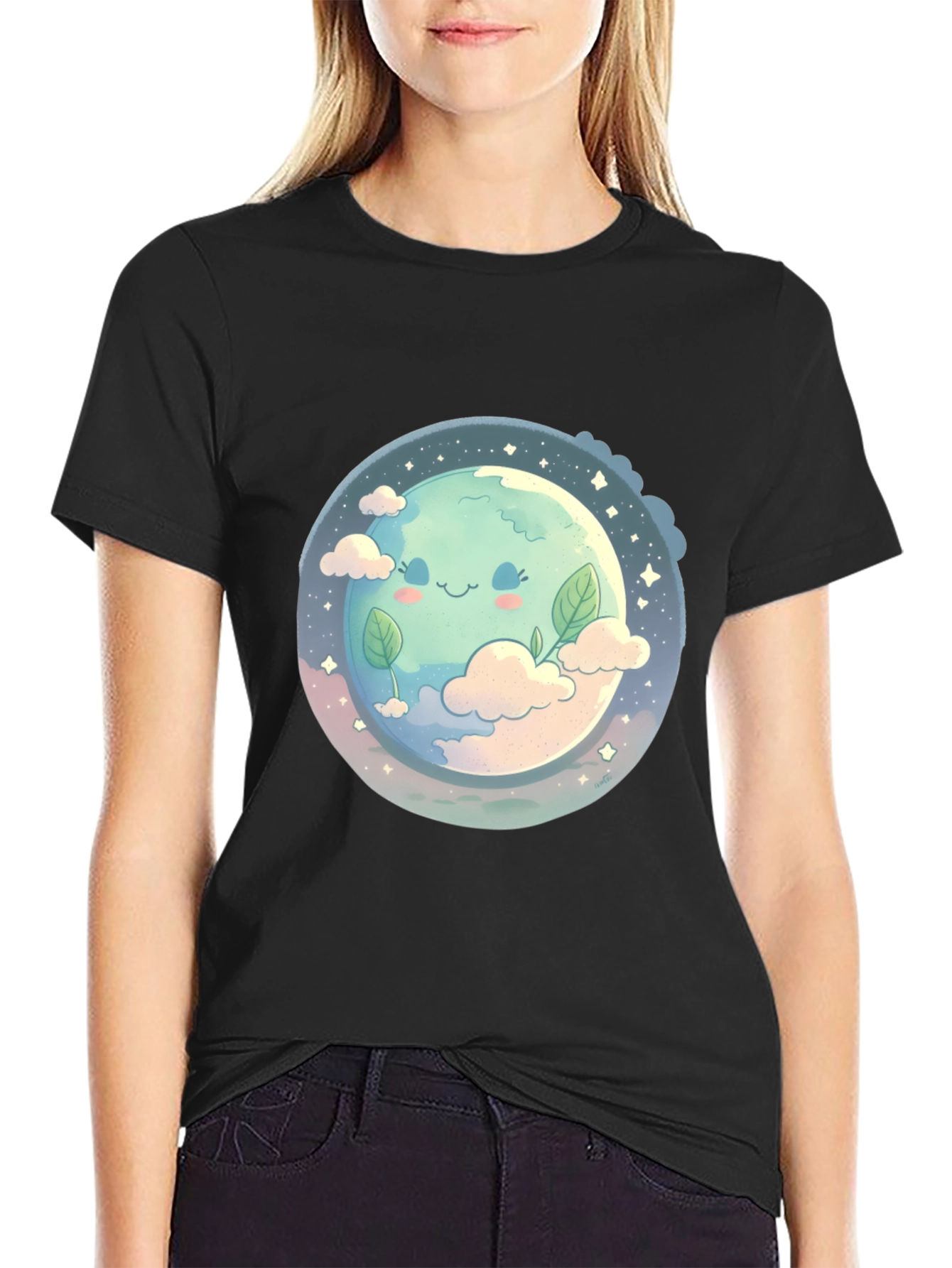 Cute Earth Graphic Black T-Shirt