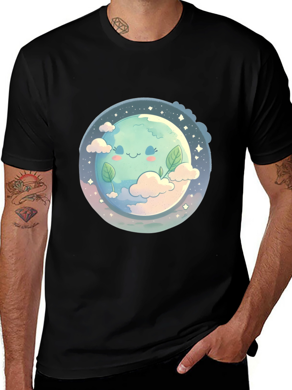 Cute Earth Graphic Black T-Shirt