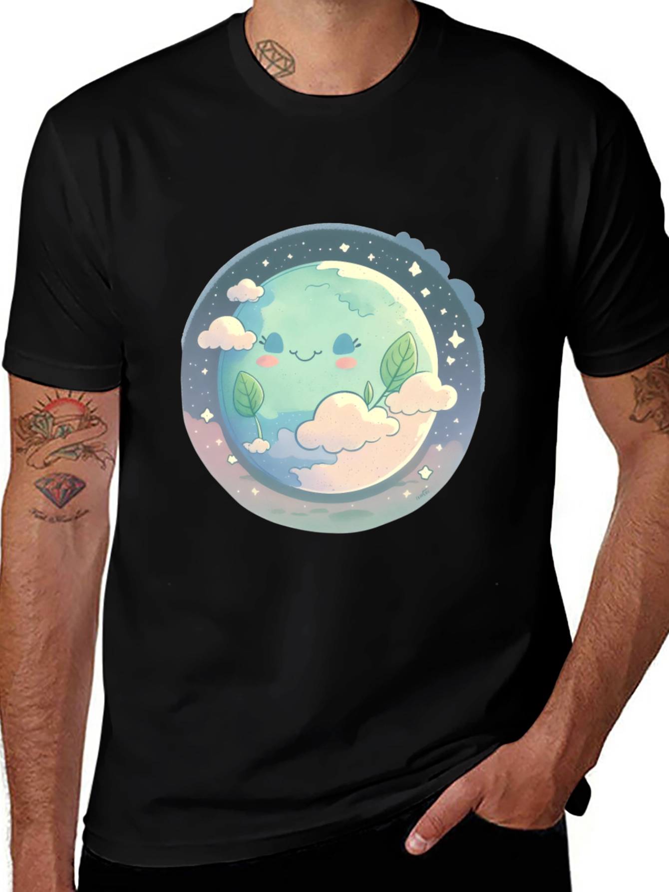 Cute Earth Graphic Black T-Shirt