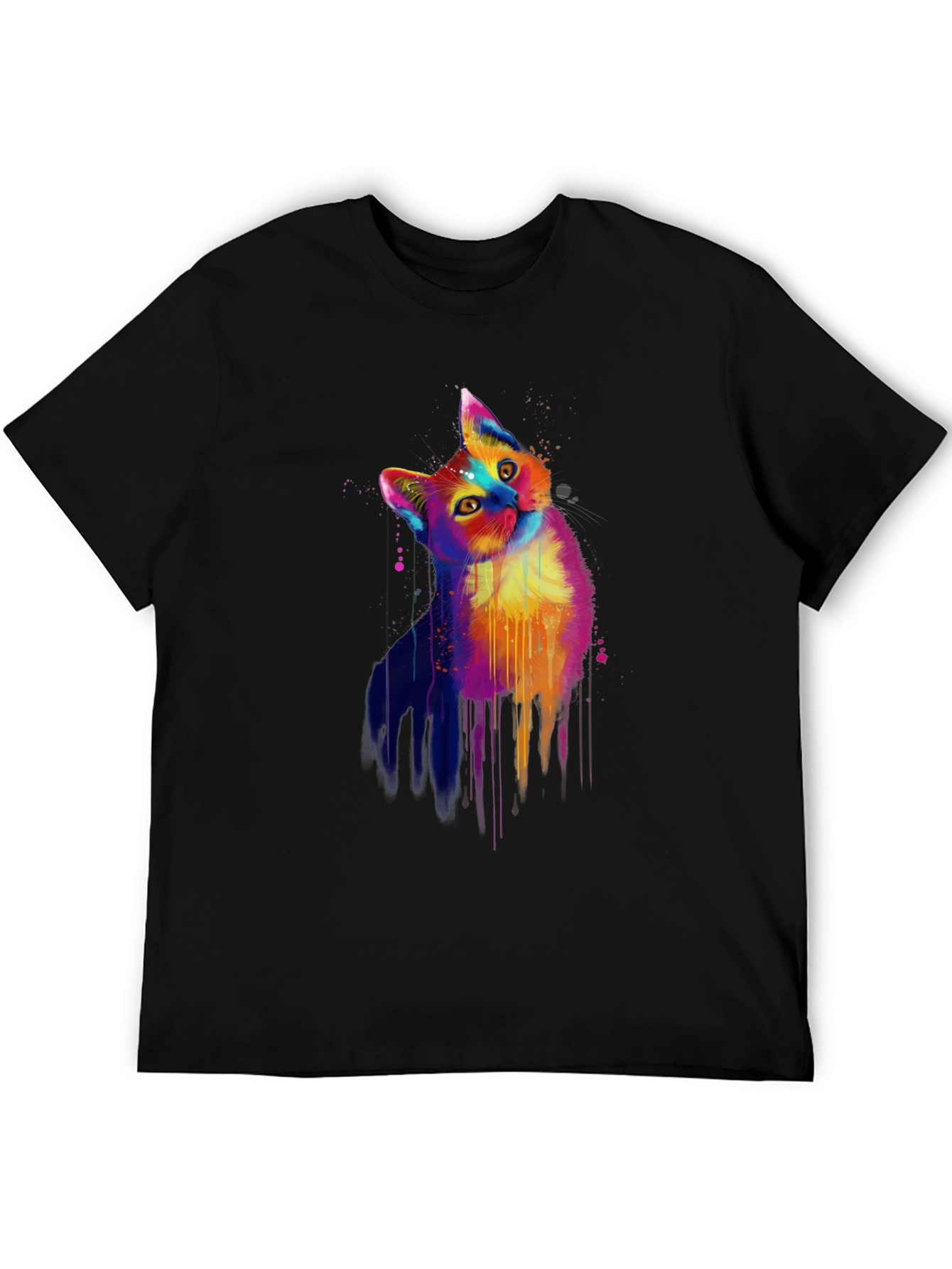 Colorful Cat Graphic Black T-Shirt
