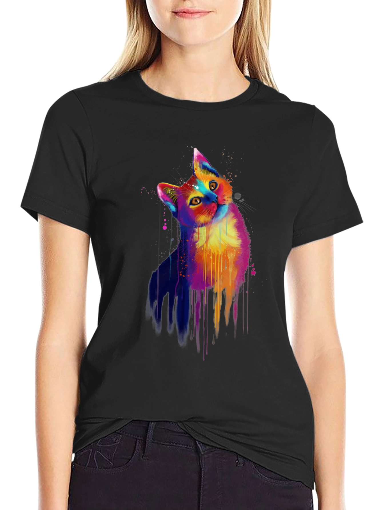 Colorful Cat Graphic Black T-Shirt