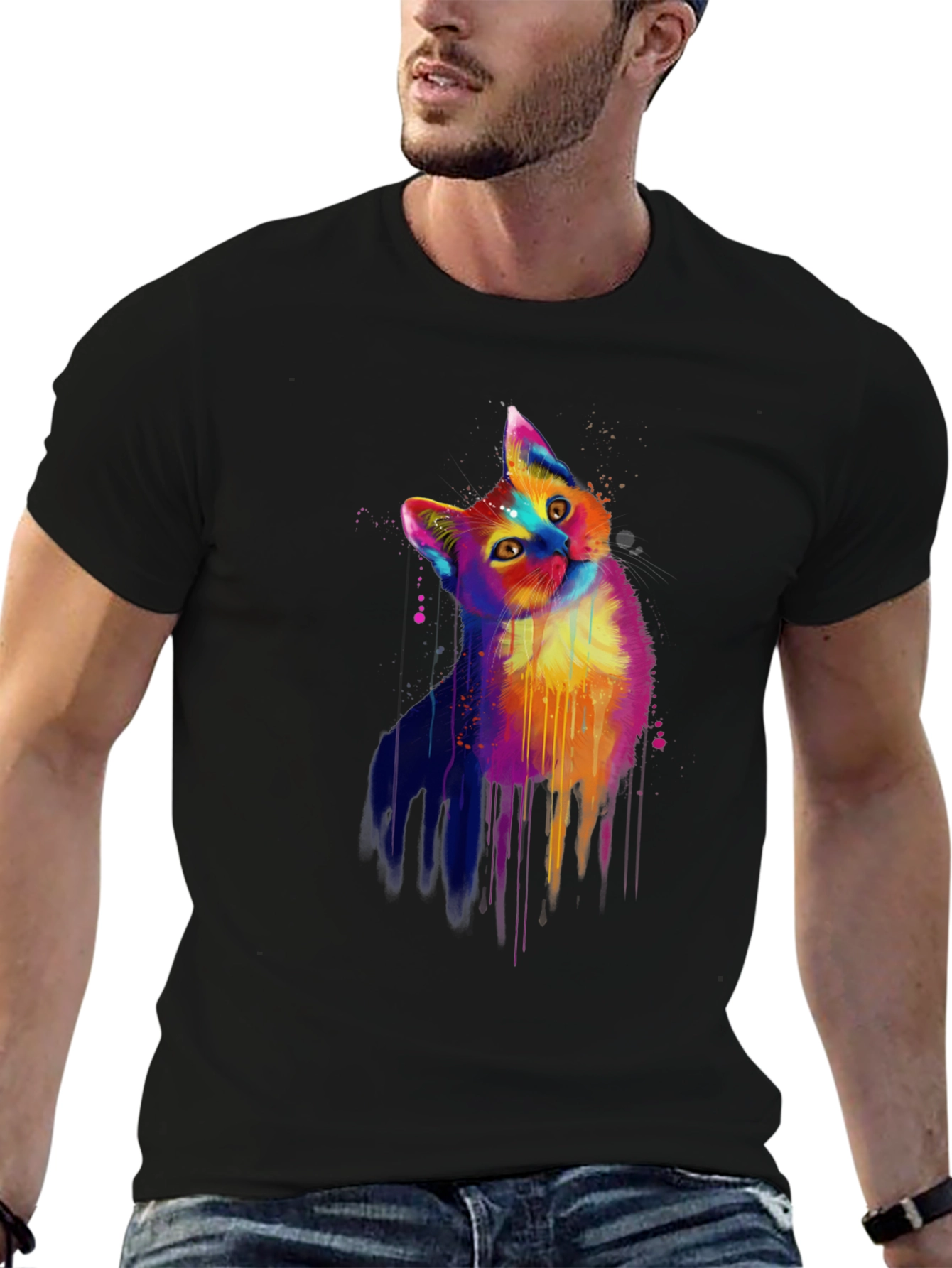 Colorful Cat Graphic Black T-Shirt