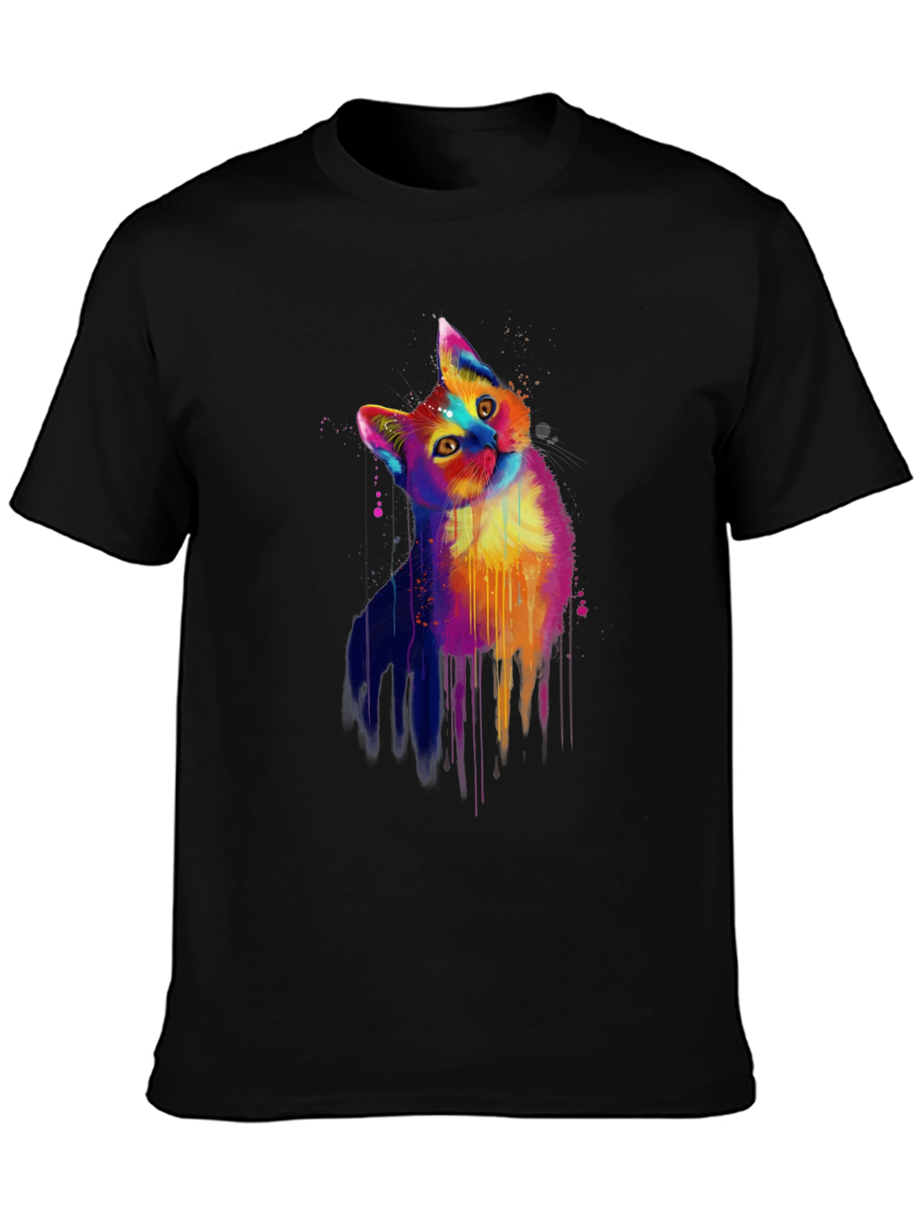Colorful Cat Graphic Black T-Shirt