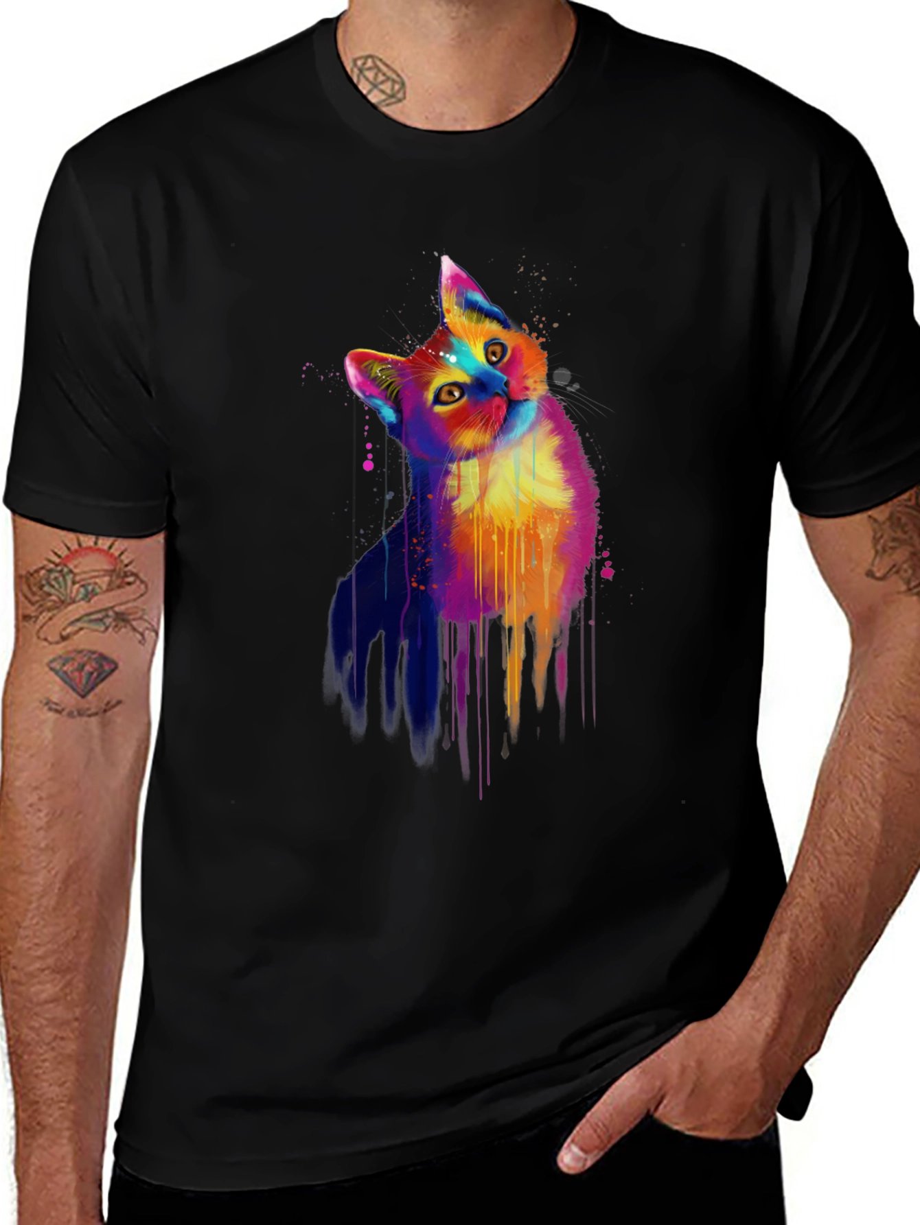 Colorful Cat Graphic Black T-Shirt