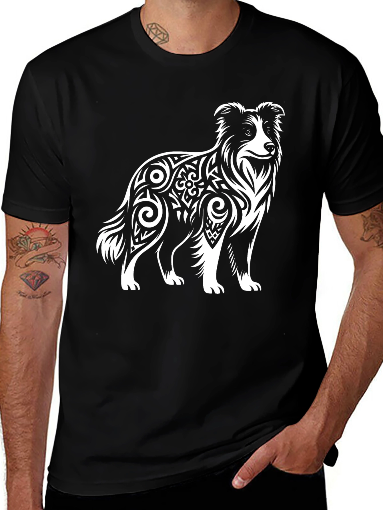 Border Collie Tribal Art Mens T-Shirt
