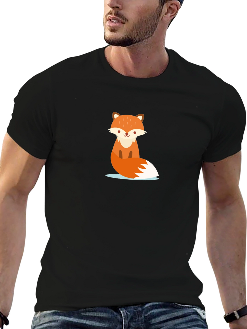 Cute Cartoon Fox Black T-Shirt