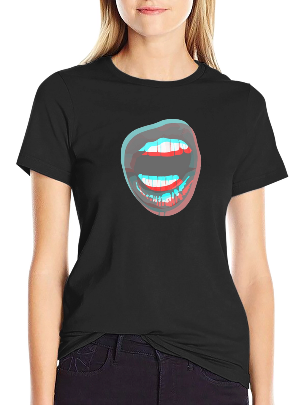 3D Lips Graphic Black T-Shirt