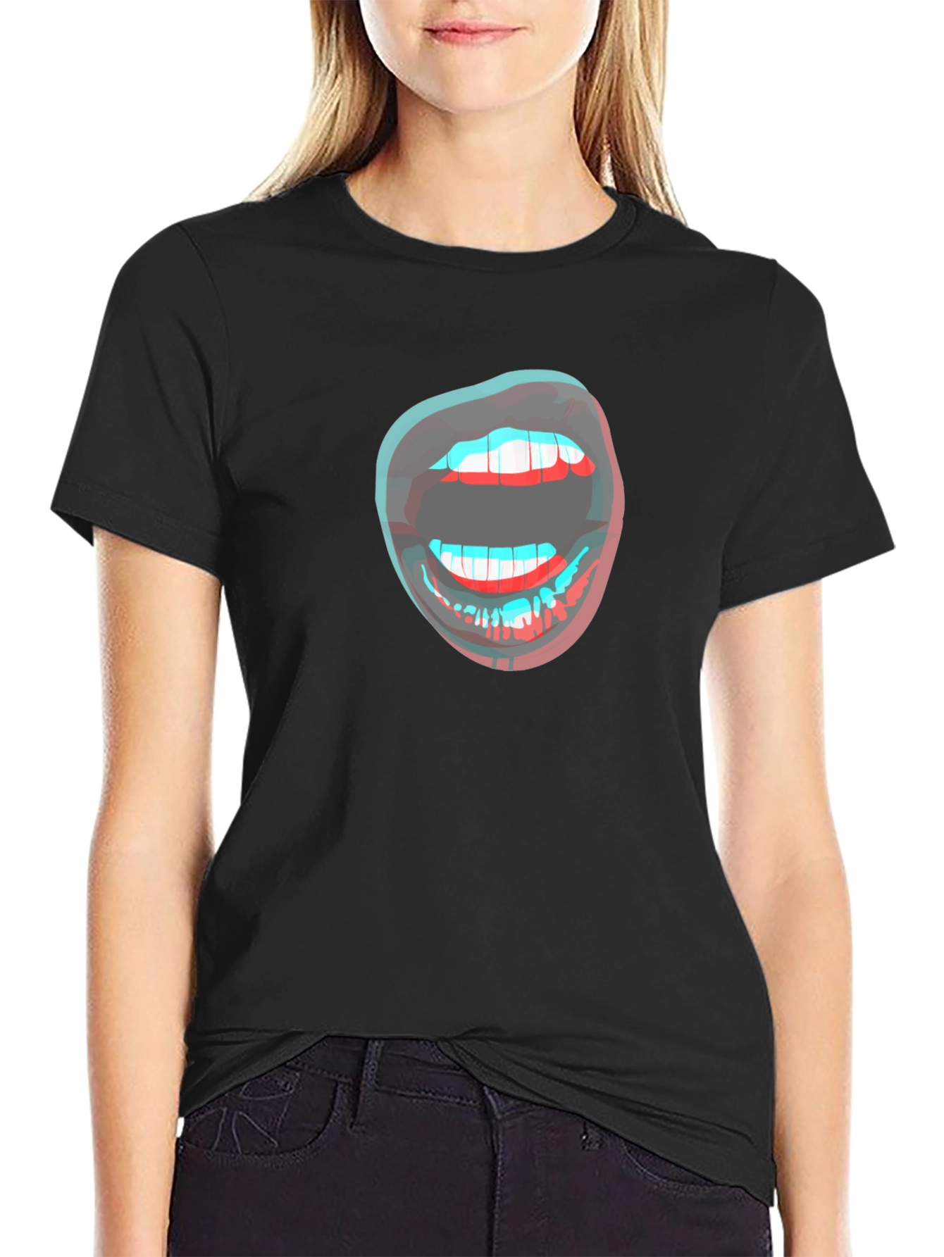 3D Lips Graphic Black T-Shirt