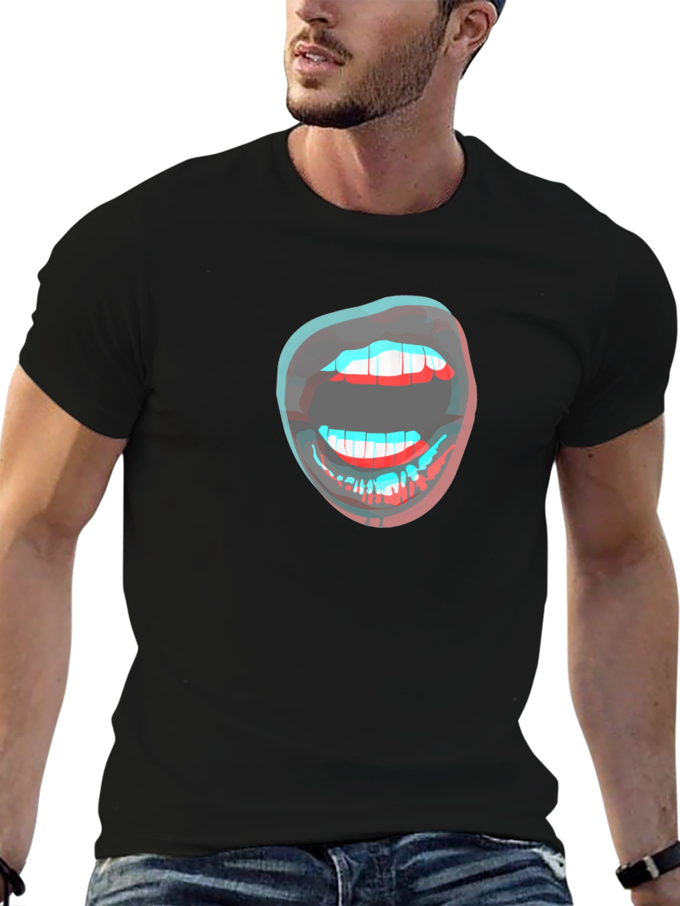 3D Lips Graphic Black T-Shirt