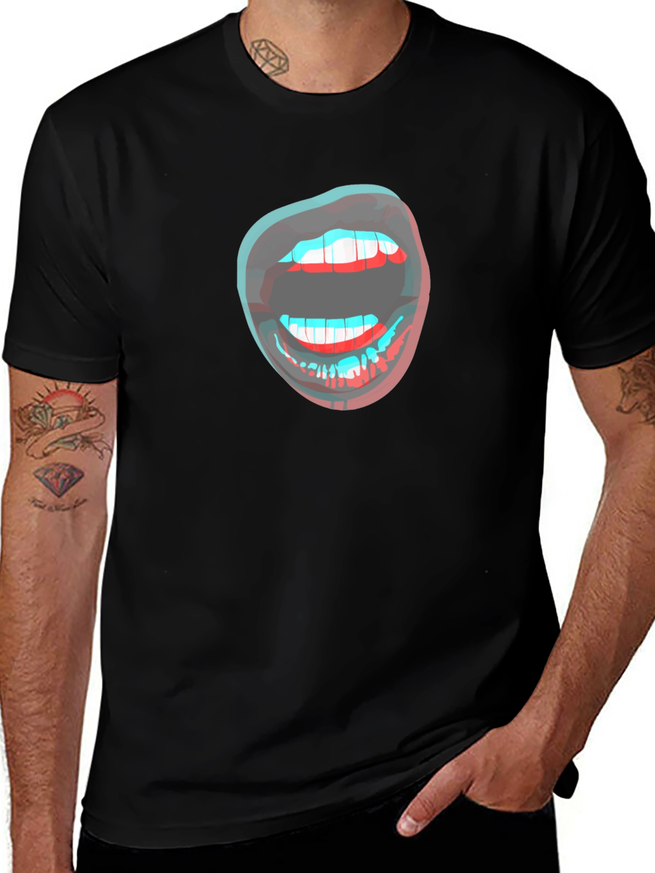 3D Lips Graphic Black T-Shirt