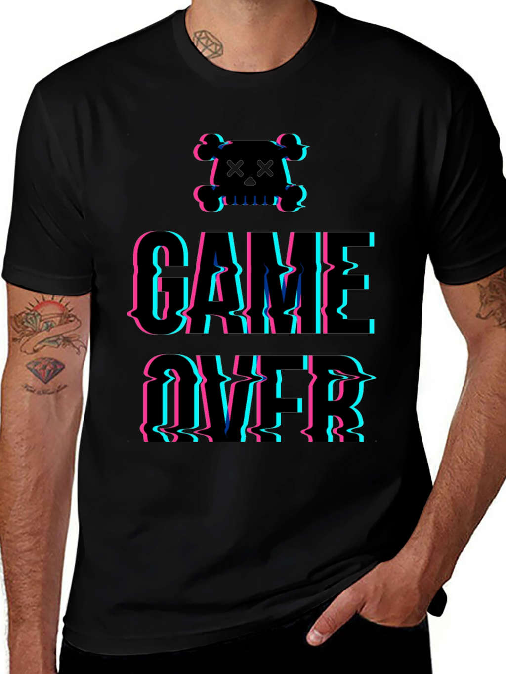 Game Over Glitch Graphic T-Shirt - Skull Design