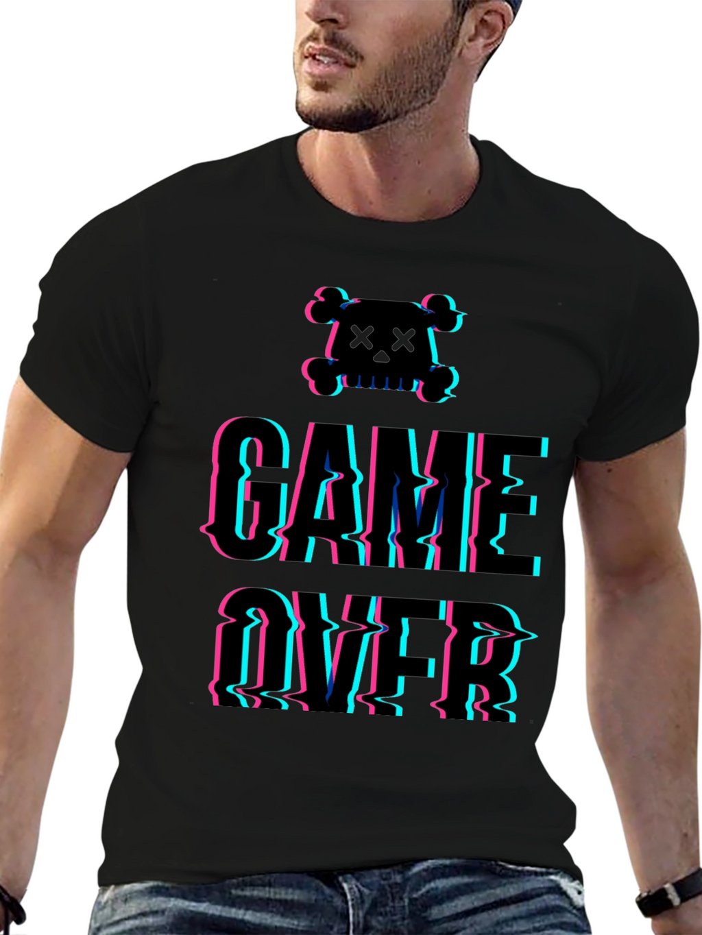 Game Over Glitch Graphic T-Shirt - Skull Design