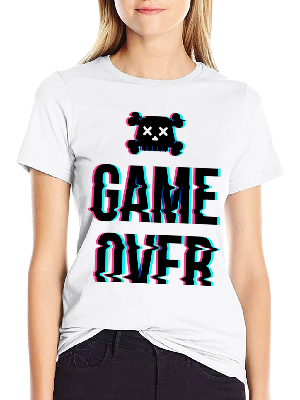 Game Over Glitch Graphic T-Shirt - Skull Design