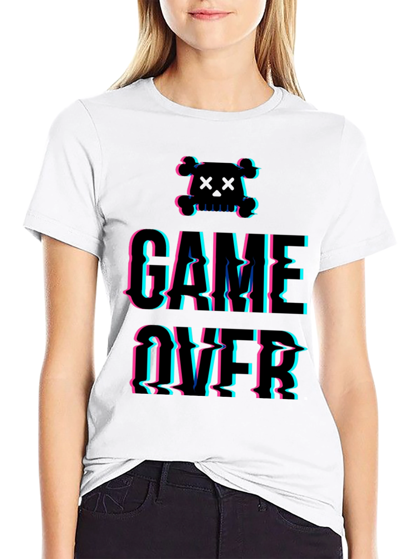 Game Over Glitch Graphic T-Shirt - Skull Design